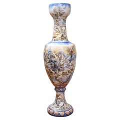 Large Amphora Vase Majolica Figurative Subject Crocodile Hunt Rubens Policrome
