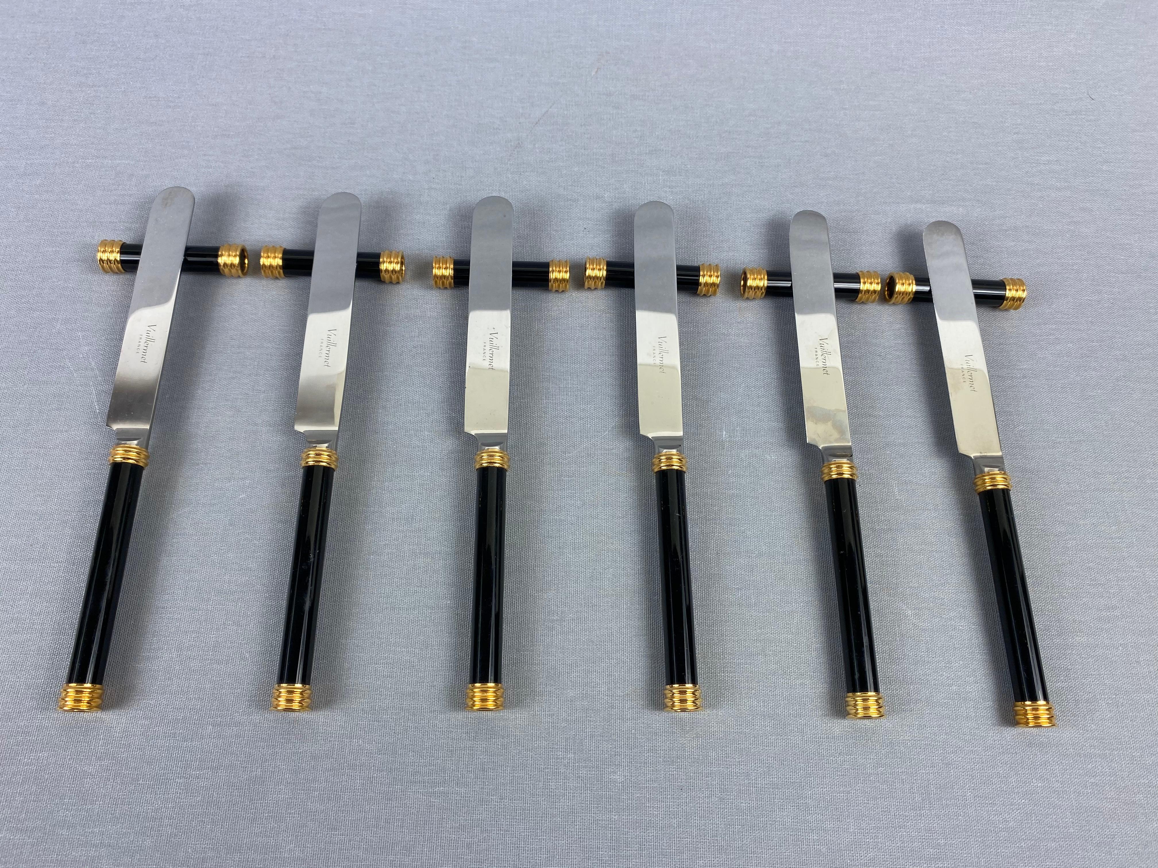 Large and Rare Vuillermet France Cutlery Set in Black Gold with Knife Rests 60s 5