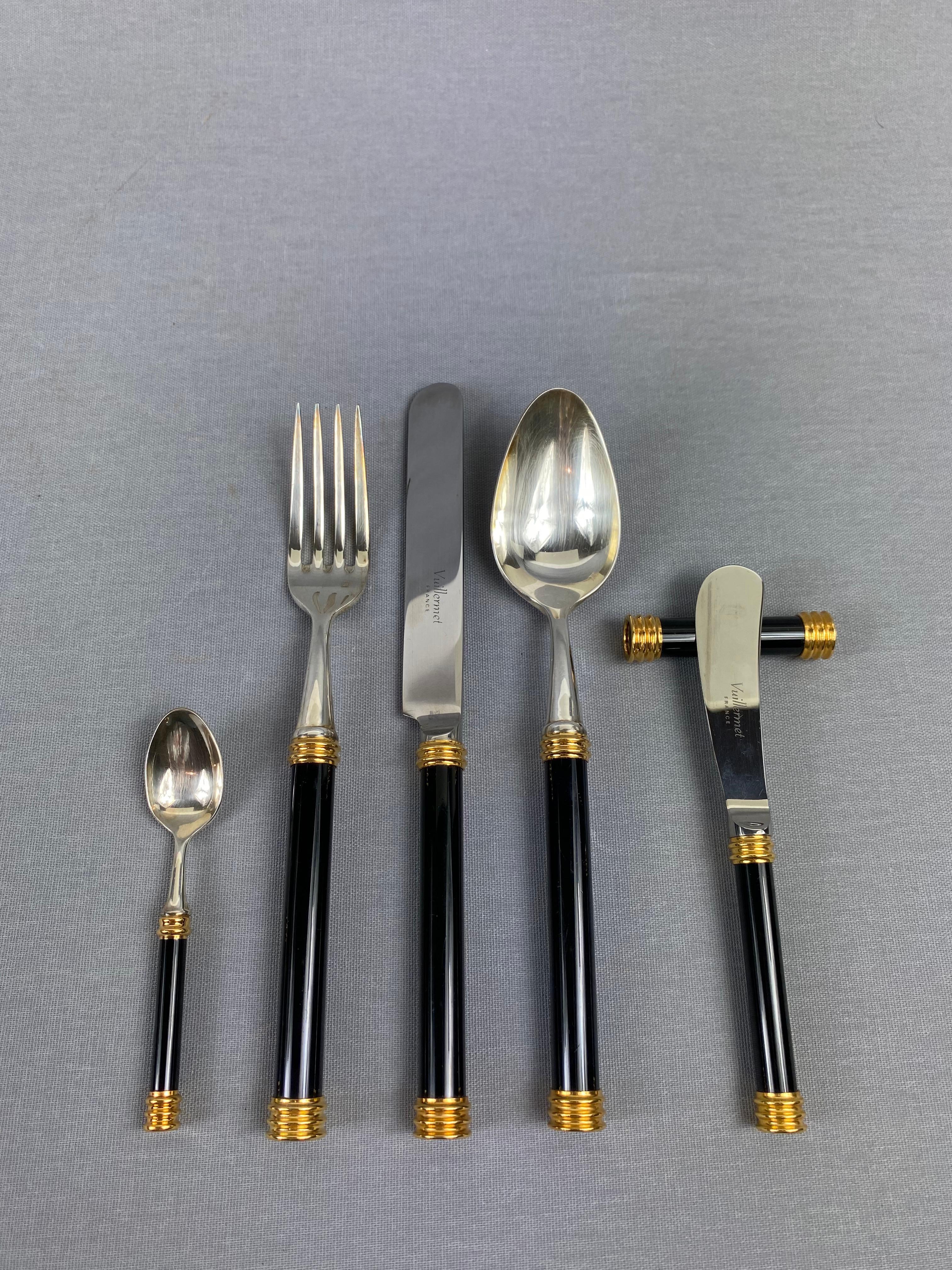 Large and Rare Vuillermet France Cutlery Set in Black Gold with Knife Rests 60s 6