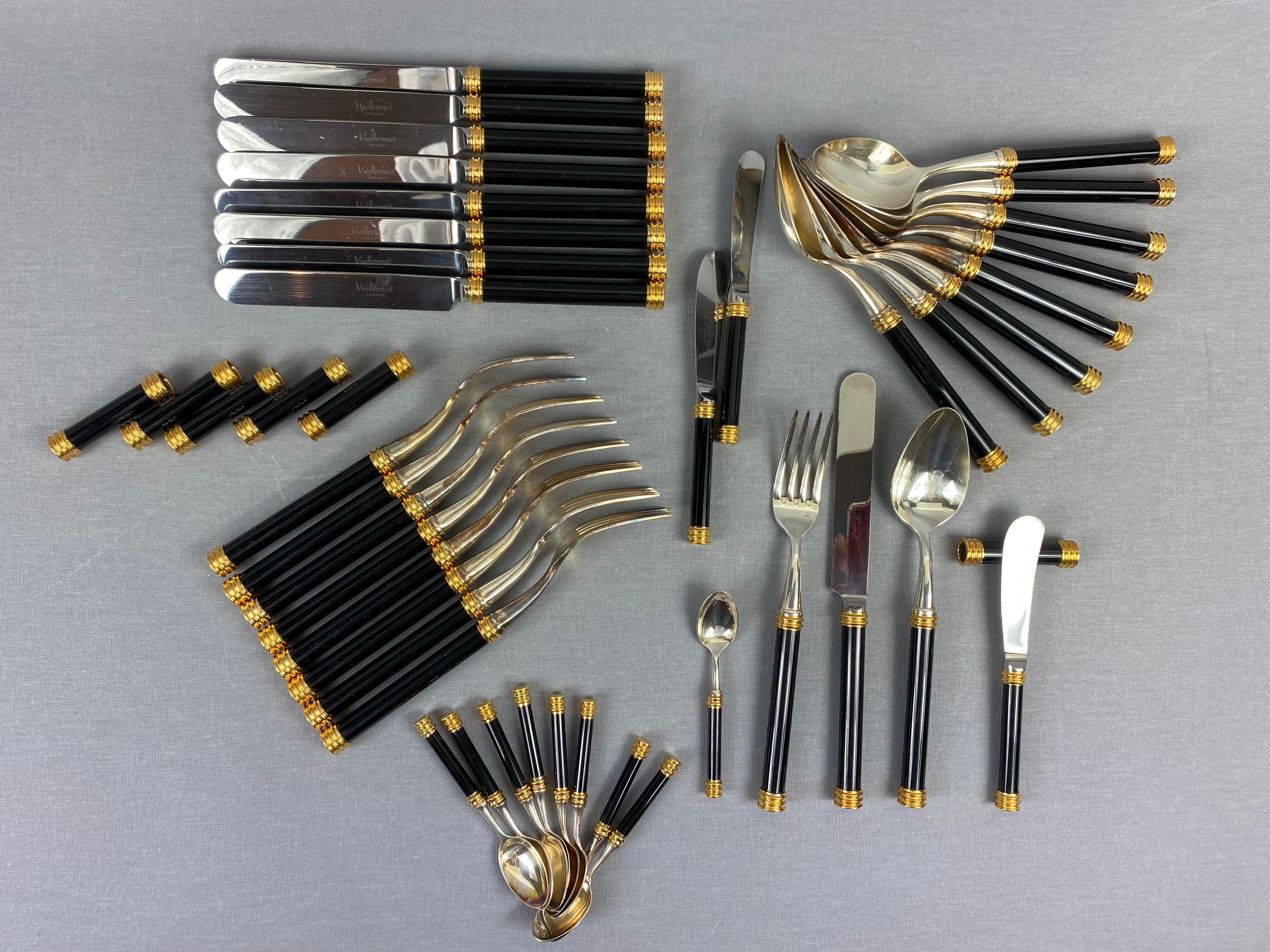 Large and Rare Vuillermet France Cutlery Set in Black Gold with Knife Rests 60s 7