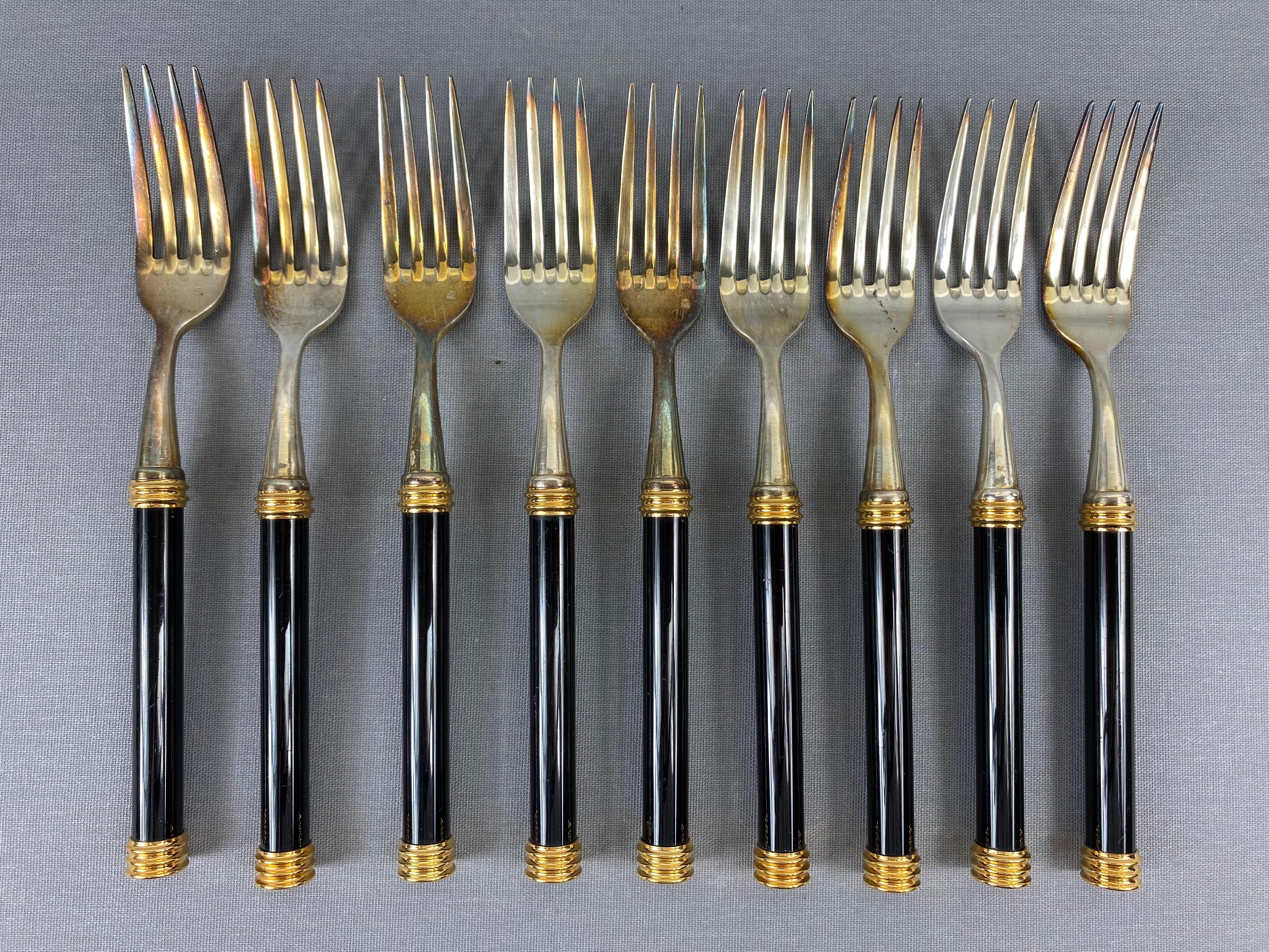 Mid-Century Modern Large and Rare Vuillermet France Cutlery Set in Black Gold with Knife Rests 60s