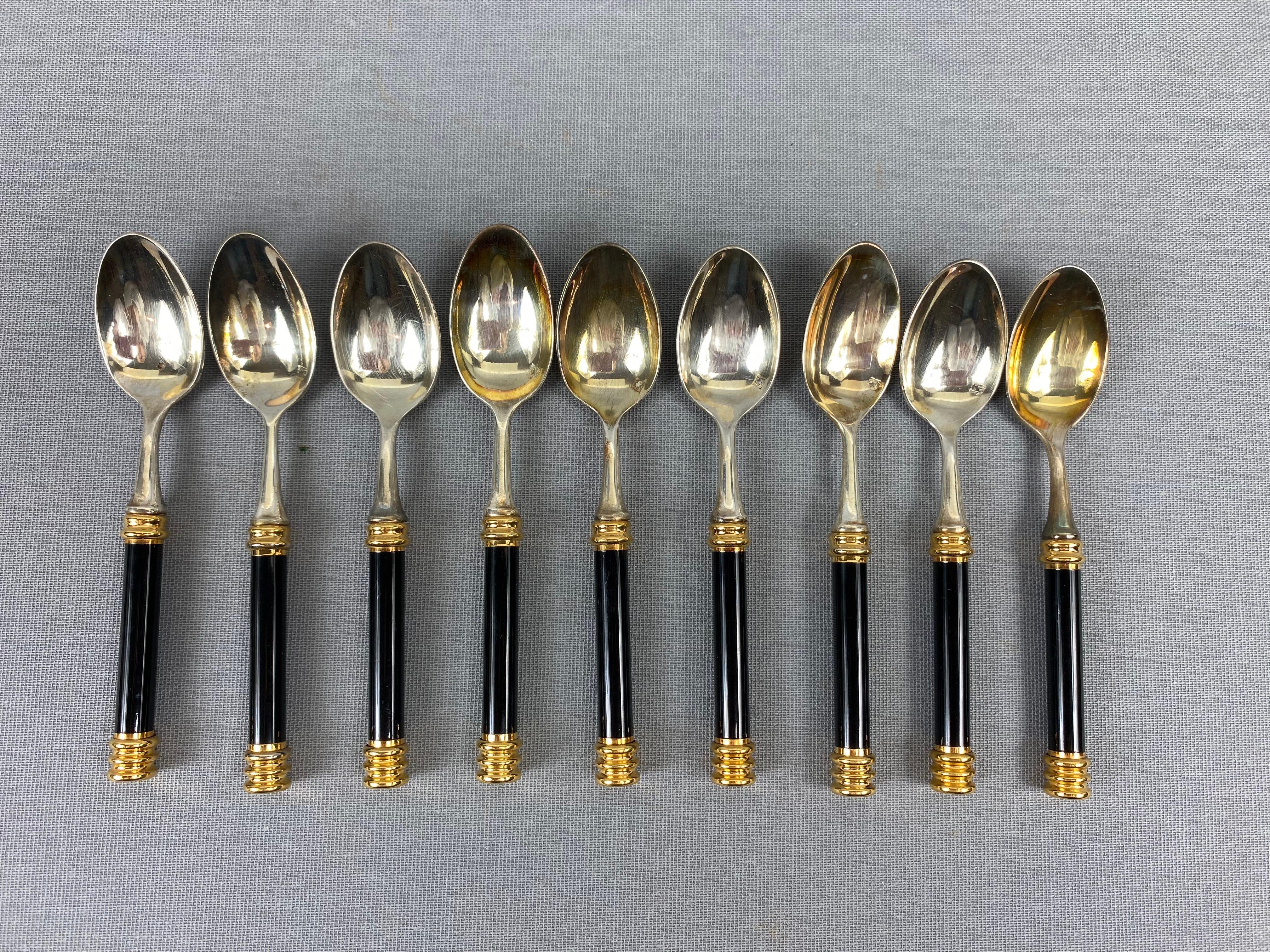 French Large and Rare Vuillermet France Cutlery Set in Black Gold with Knife Rests 60s