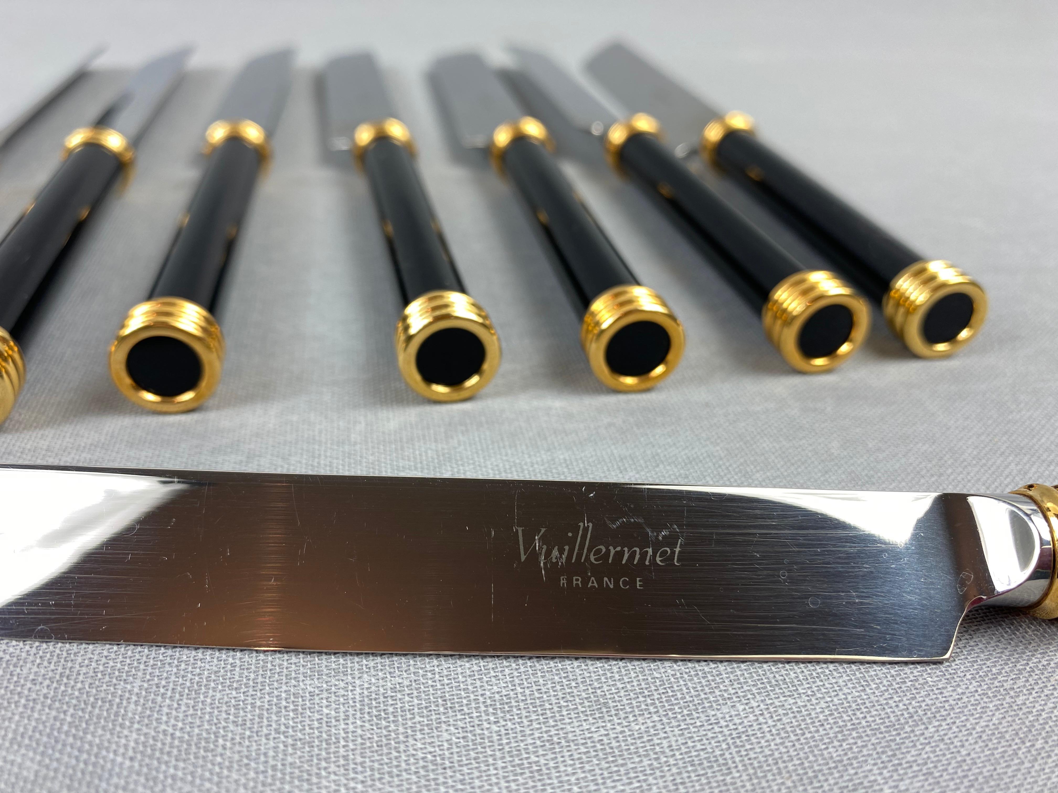 Mid-20th Century Large and Rare Vuillermet France Cutlery Set in Black Gold with Knife Rests 60s