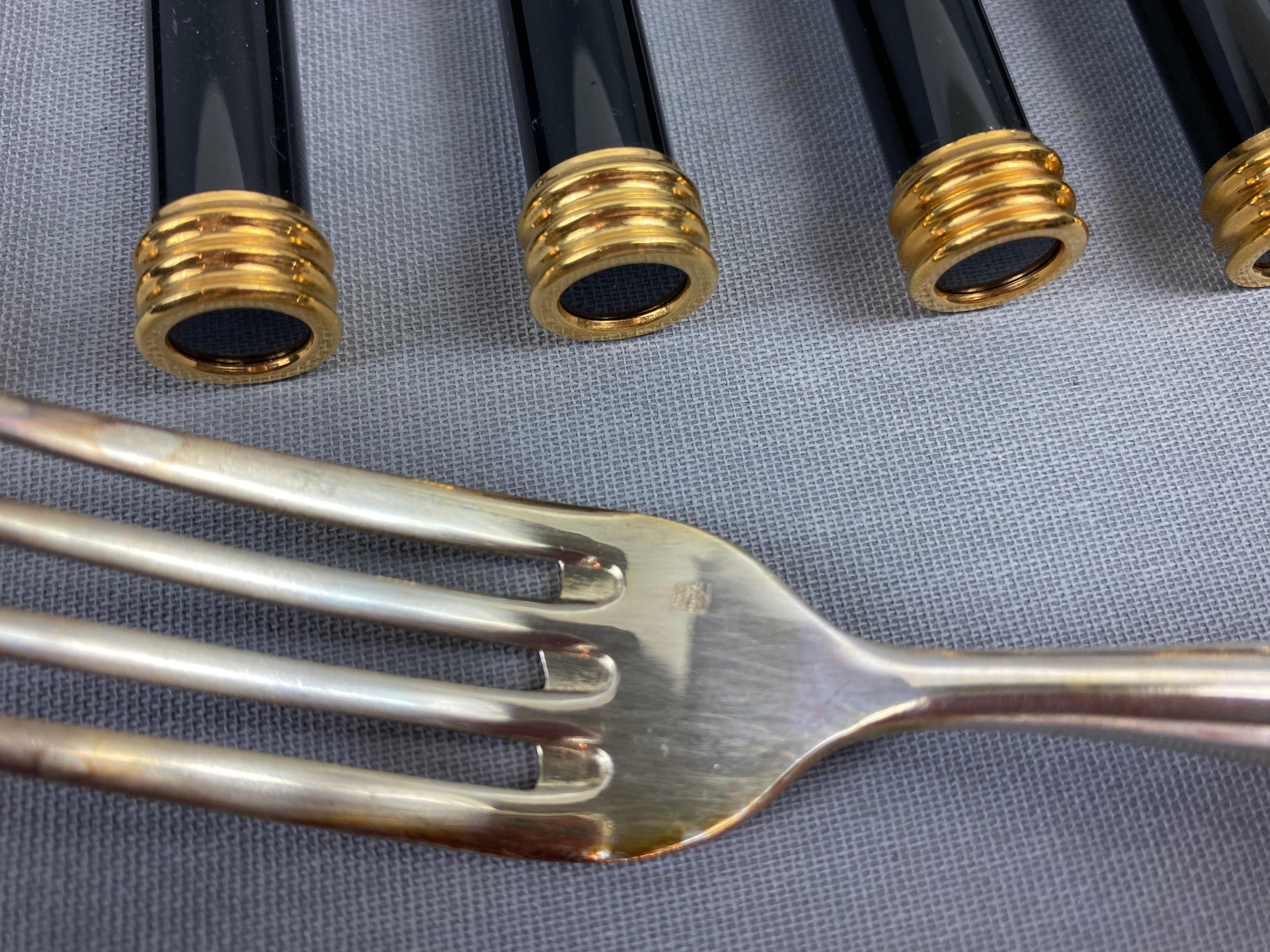 Gold Plate Large and Rare Vuillermet France Cutlery Set in Black Gold with Knife Rests 60s