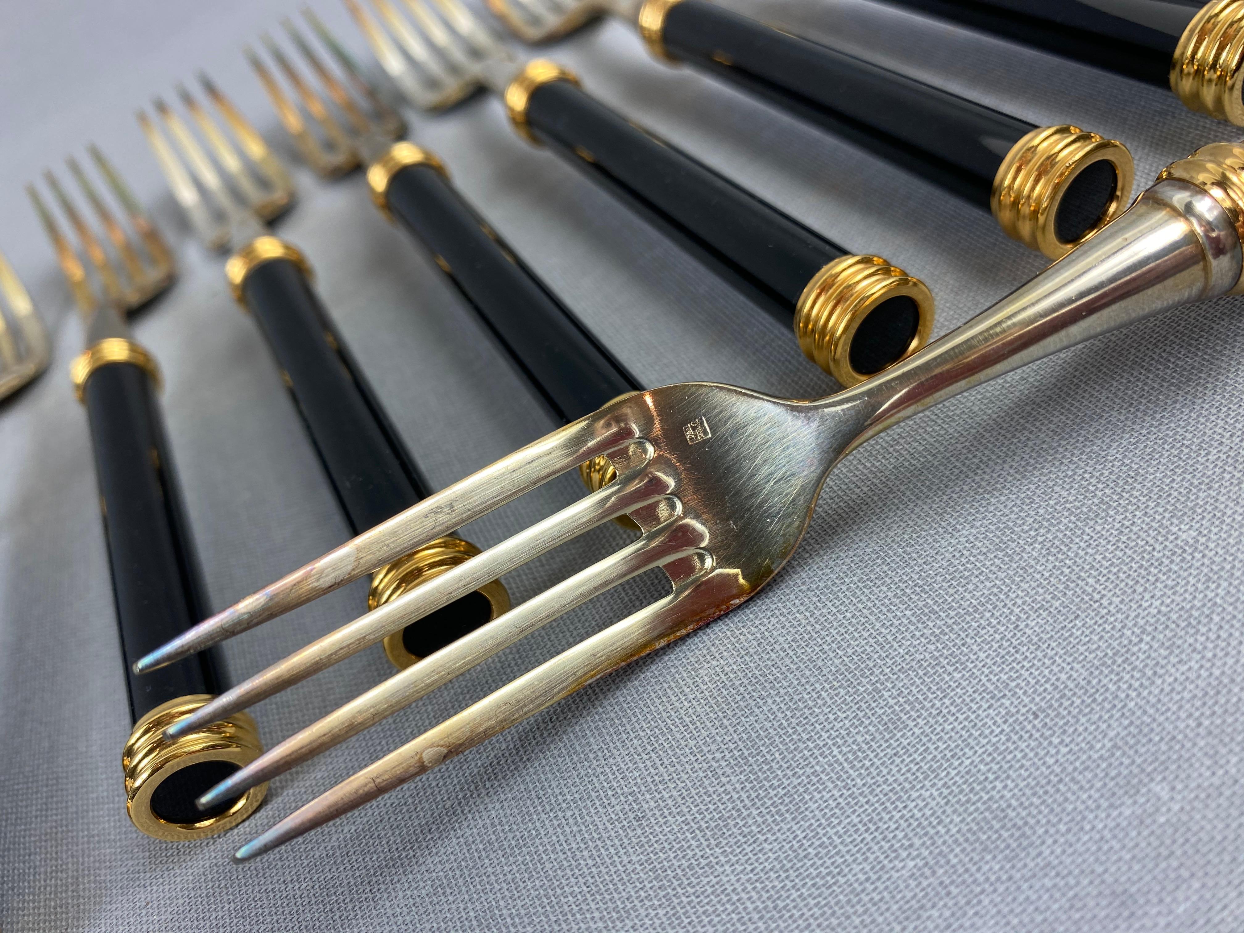 Large and Rare Vuillermet France Cutlery Set in Black Gold with Knife Rests 60s 1