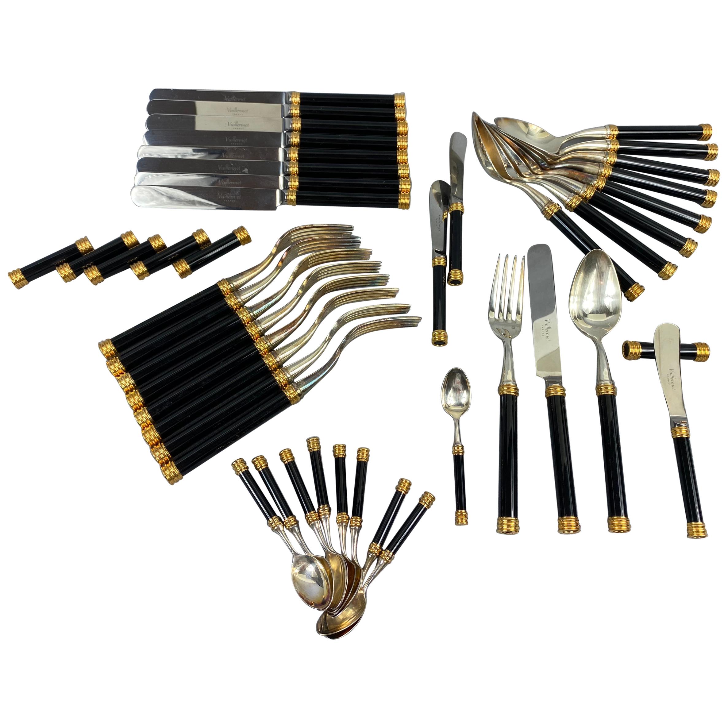 Large and Rare Vuillermet France Cutlery Set in Black Gold with Knife Rests 60s