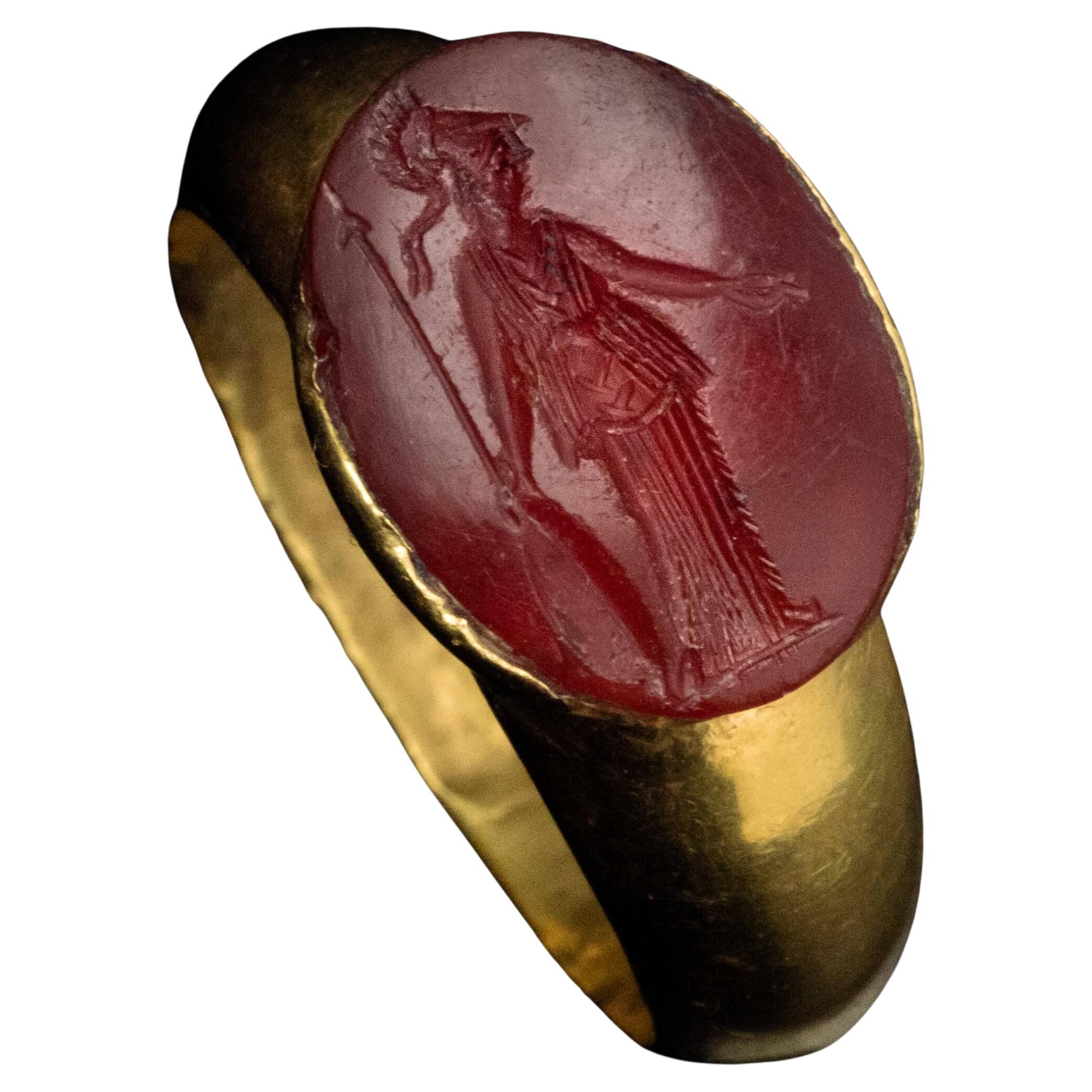 Large Ancient Roman Carnelian Intaglio Gold Ring c.1st Century AD