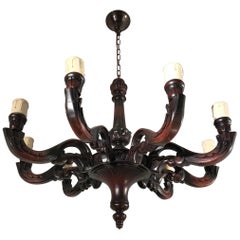 Large and All Handcrafted Wooden Nine-Arm Dining Room Chandelier, Great Patina