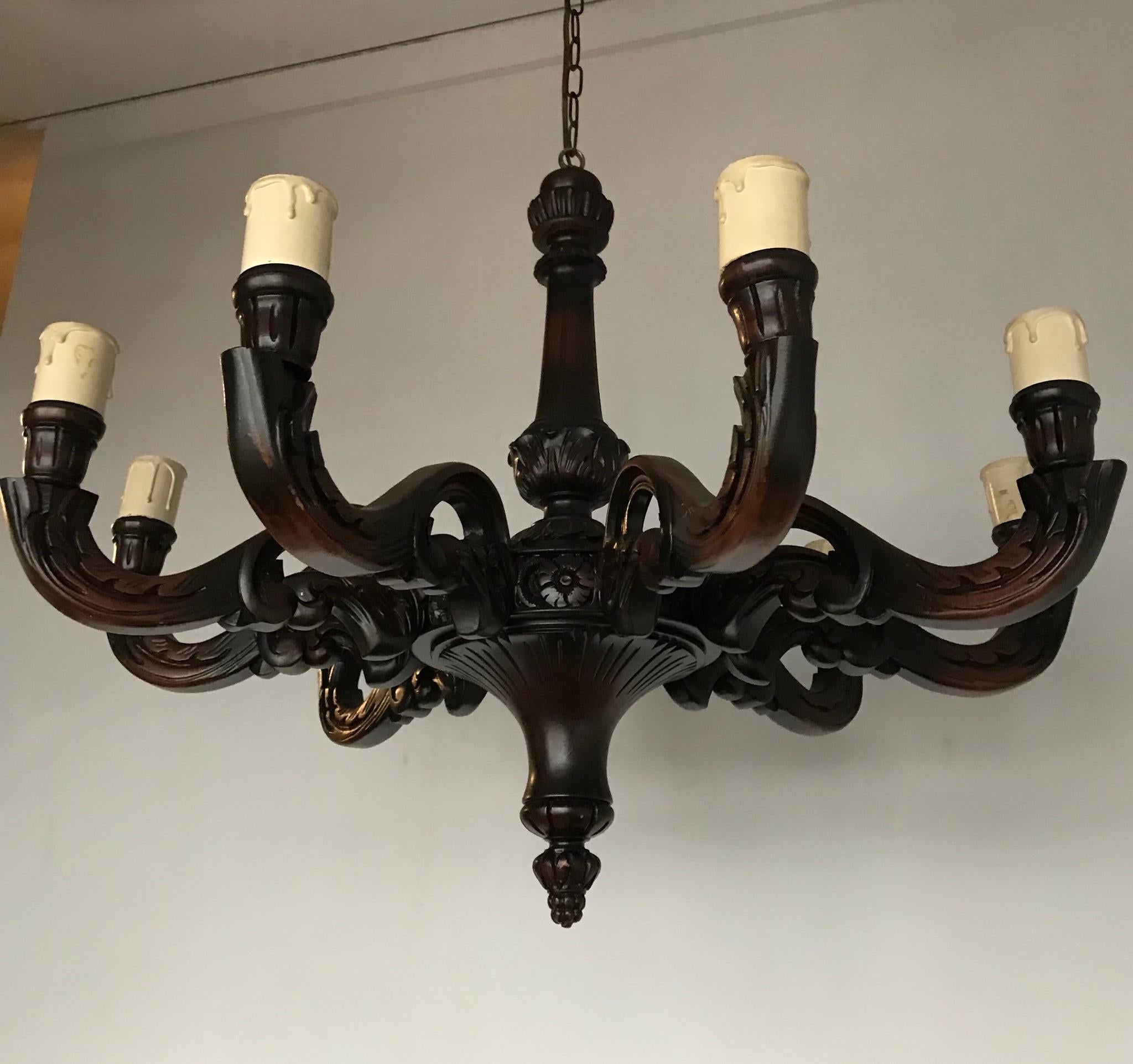 Large and All Handcrafted Wooden Nine-Arm Dining Room Chandelier, Great Patina For Sale 2