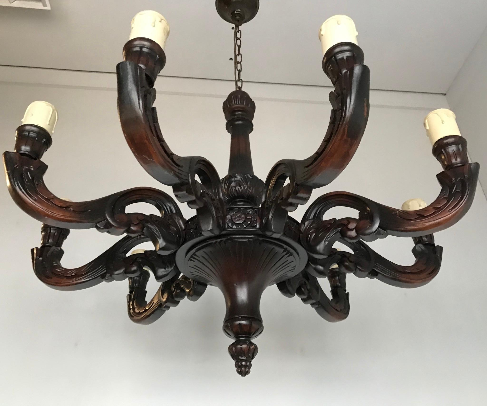 Large and All Handcrafted Wooden Nine-Arm Dining Room Chandelier, Great Patina For Sale 7