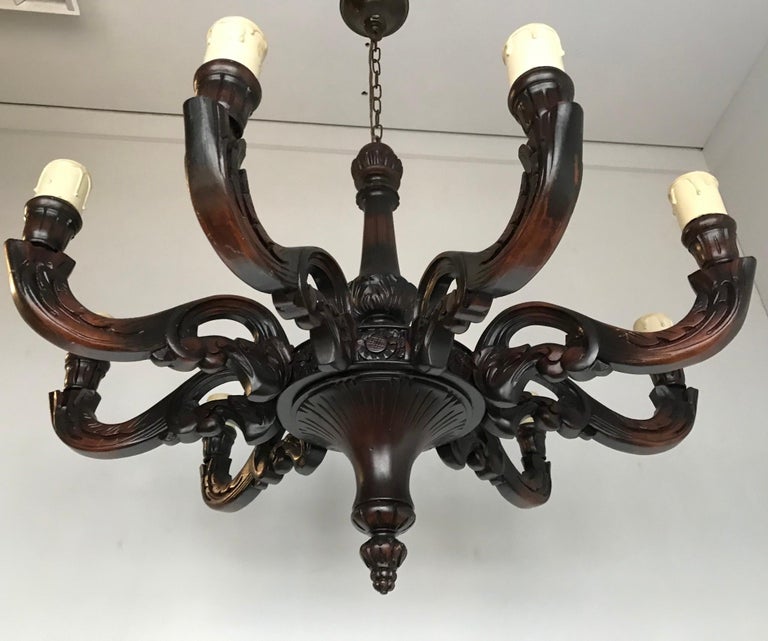 Large and All Handcrafted Wooden Nine-Arm Dining Room Chandelier, Great Patina For Sale 8
