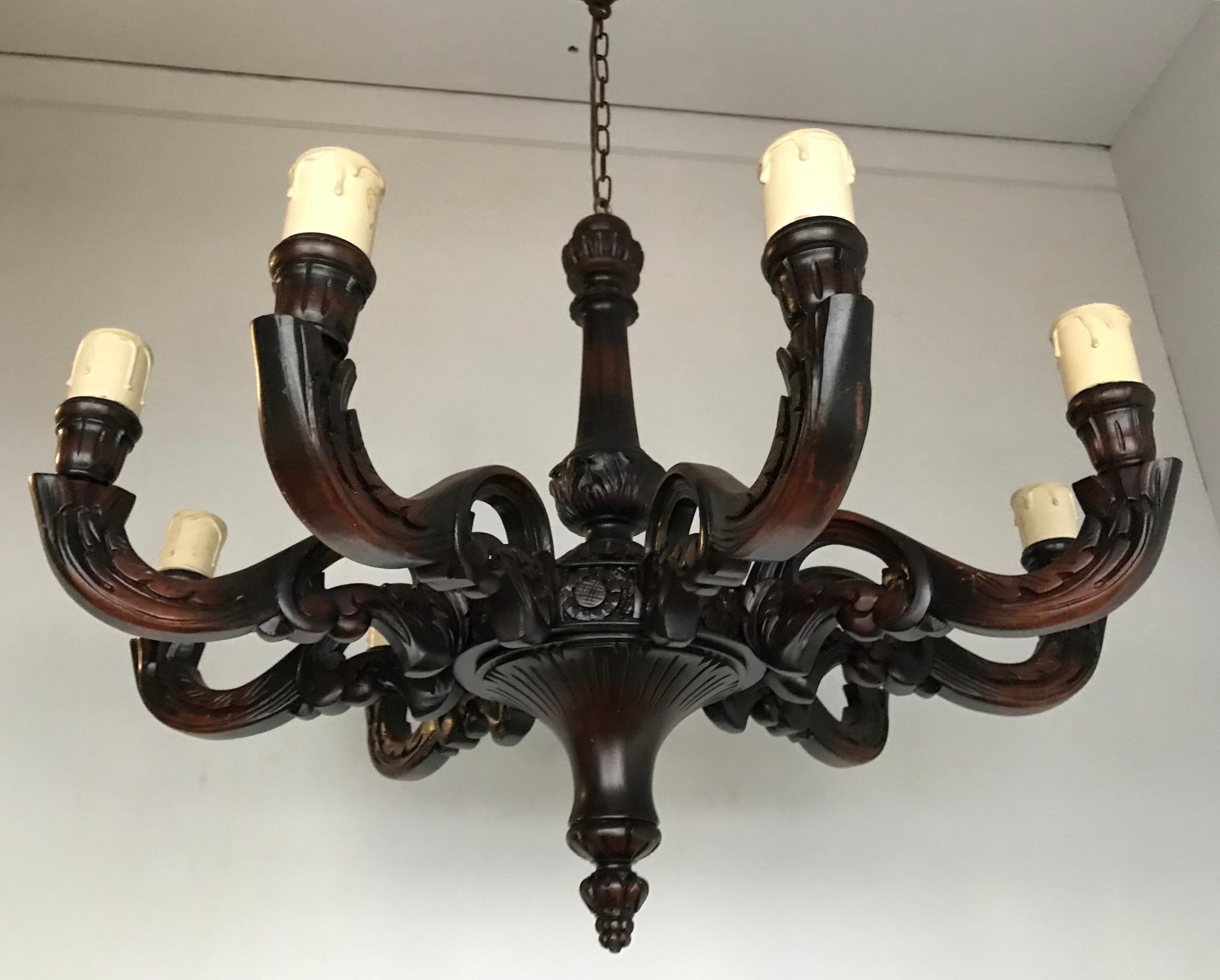 Large and All Handcrafted Wooden Nine-Arm Dining Room Chandelier, Great Patina For Sale 9