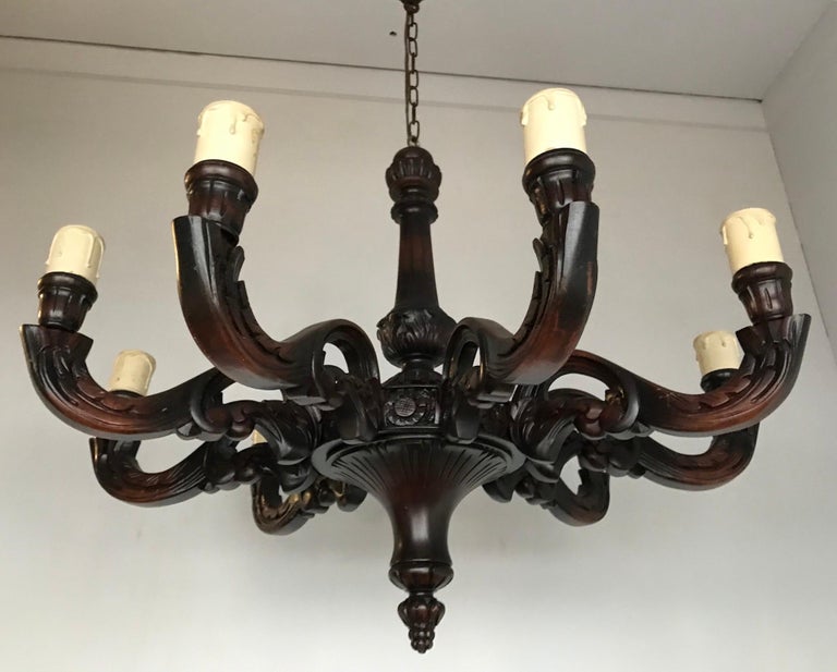 Large and All Handcrafted Wooden Nine-Arm Dining Room Chandelier, Great Patina For Sale 10