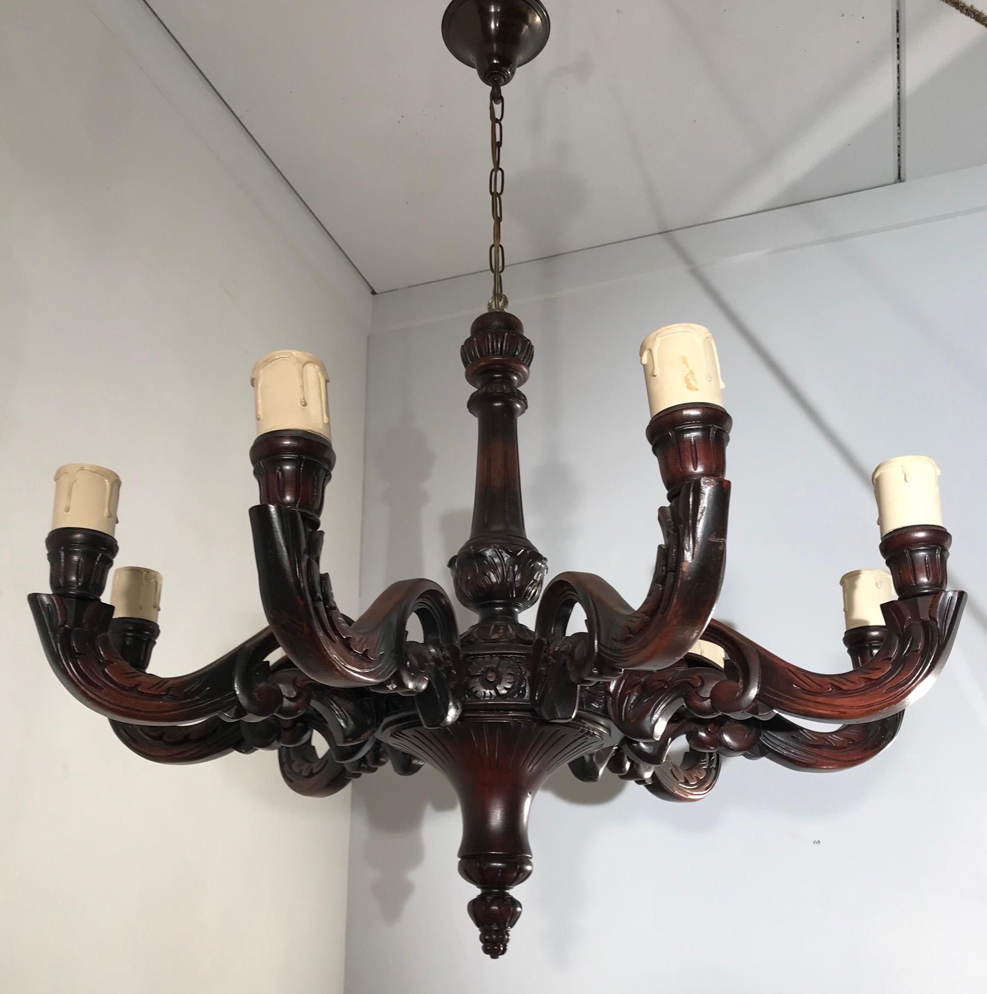 Large and All Handcrafted Wooden Nine-Arm Dining Room Chandelier, Great Patina For Sale 11