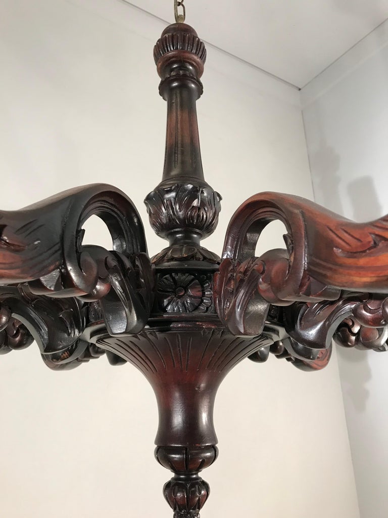 Arts and Crafts Large and All Handcrafted Wooden Nine-Arm Dining Room Chandelier, Great Patina For Sale