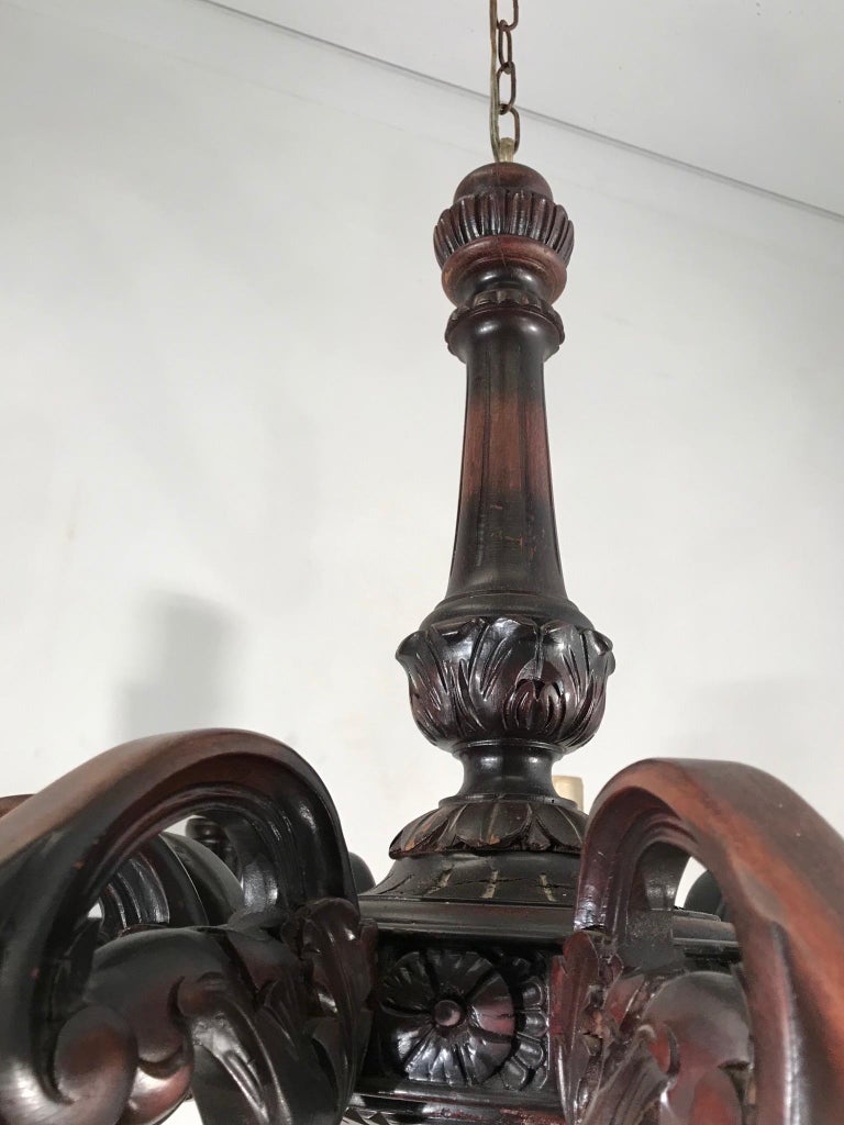 Dutch Large and All Handcrafted Wooden Nine-Arm Dining Room Chandelier, Great Patina For Sale