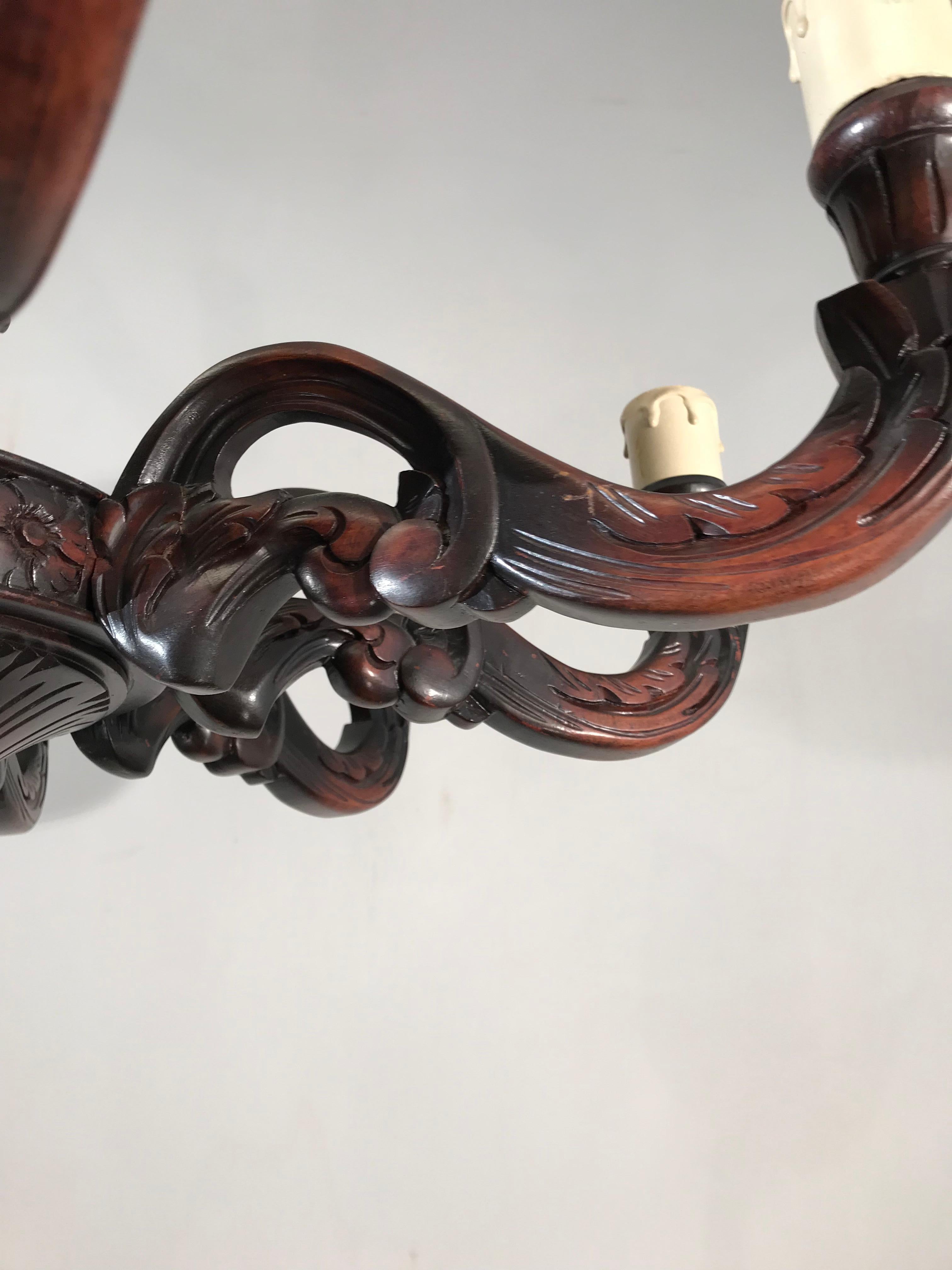 Dutch Large and All Handcrafted Wooden Nine-Arm Dining Room Chandelier, Great Patina For Sale