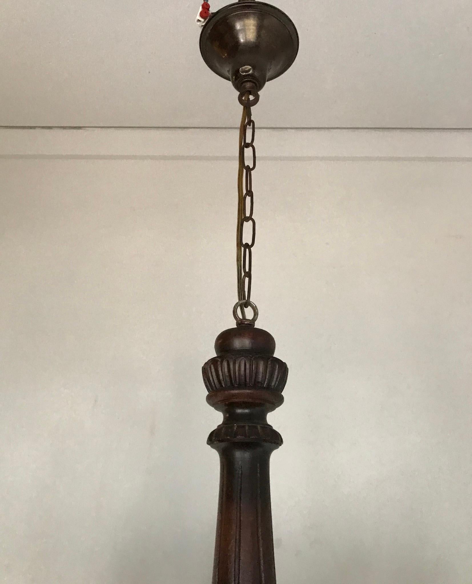 Large and All Handcrafted Wooden Nine-Arm Dining Room Chandelier, Great Patina For Sale 1
