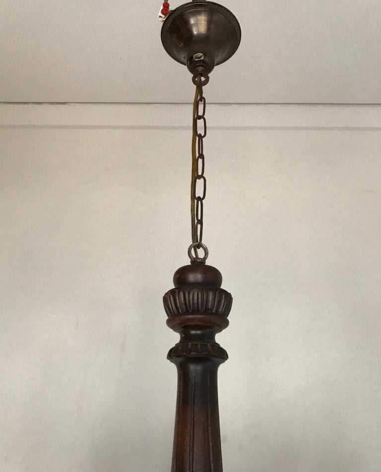 Large and All Handcrafted Wooden Nine-Arm Dining Room Chandelier, Great Patina For Sale 2