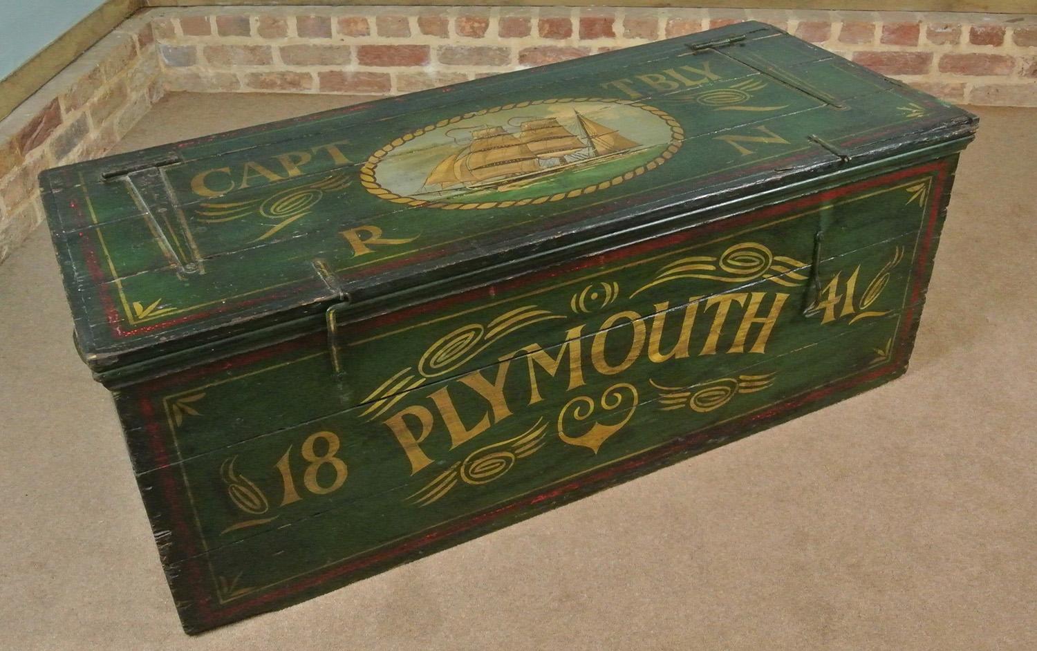 Large and Beautiful Green Painted Nautical Chest Dated 1841 In Good Condition In Heathfield, GB