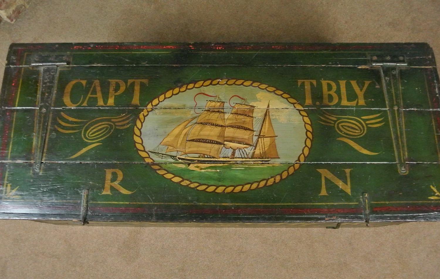 19th Century Large and Beautiful Green Painted Nautical Chest Dated 1841
