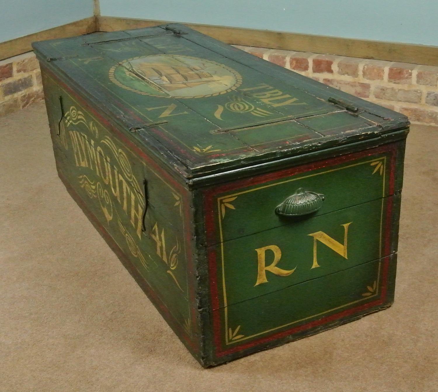 Large and Beautiful Green Painted Nautical Chest Dated 1841 2
