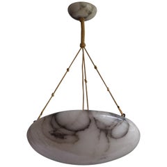 Antique and Large White & Black Alabaster Pendant with Rope and Alabaster Canopy