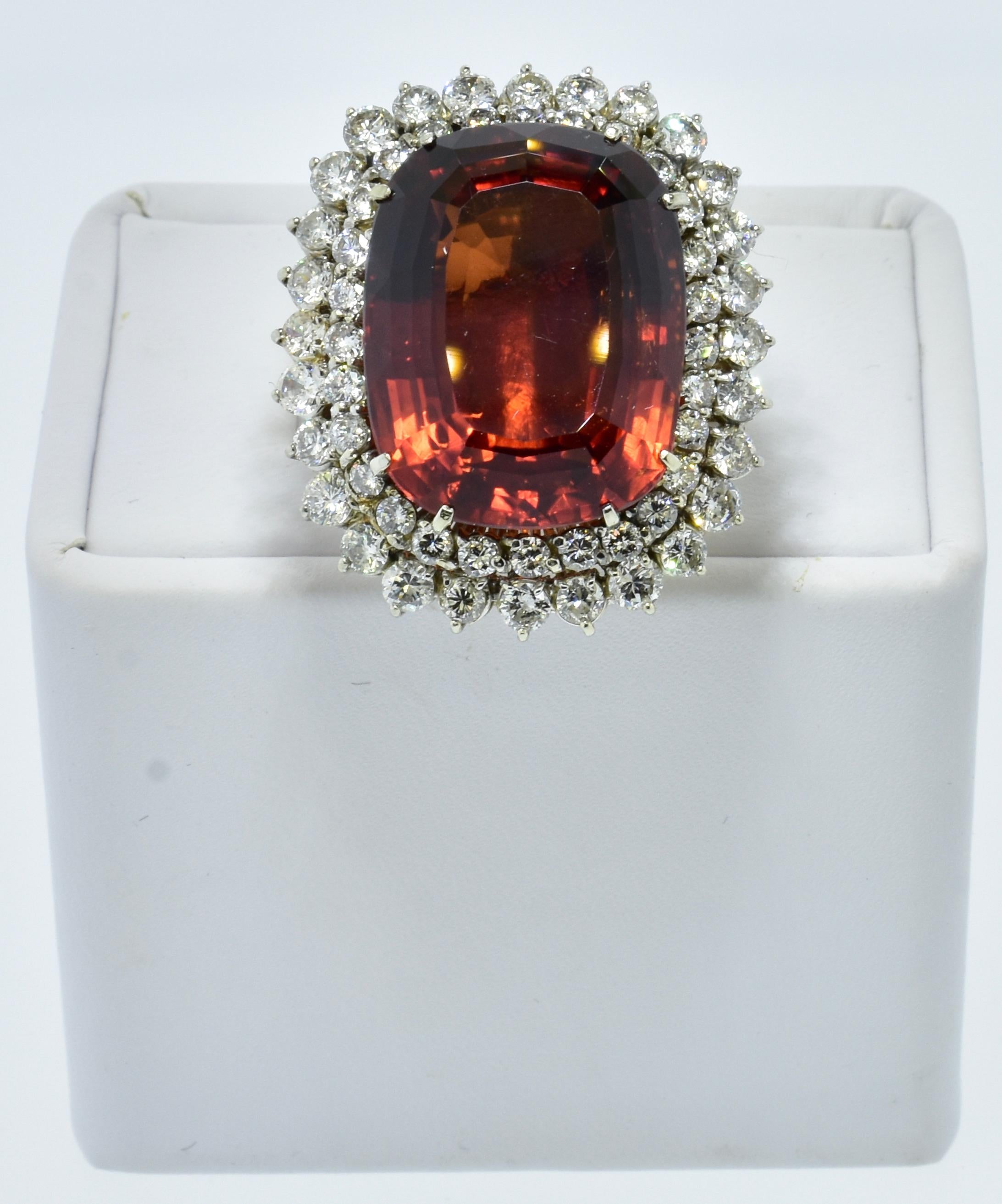 Cushion Cut Large and Bold Madeira Citrine, 68 cts. and Fine White Diamond 18K Vintage Ring For Sale