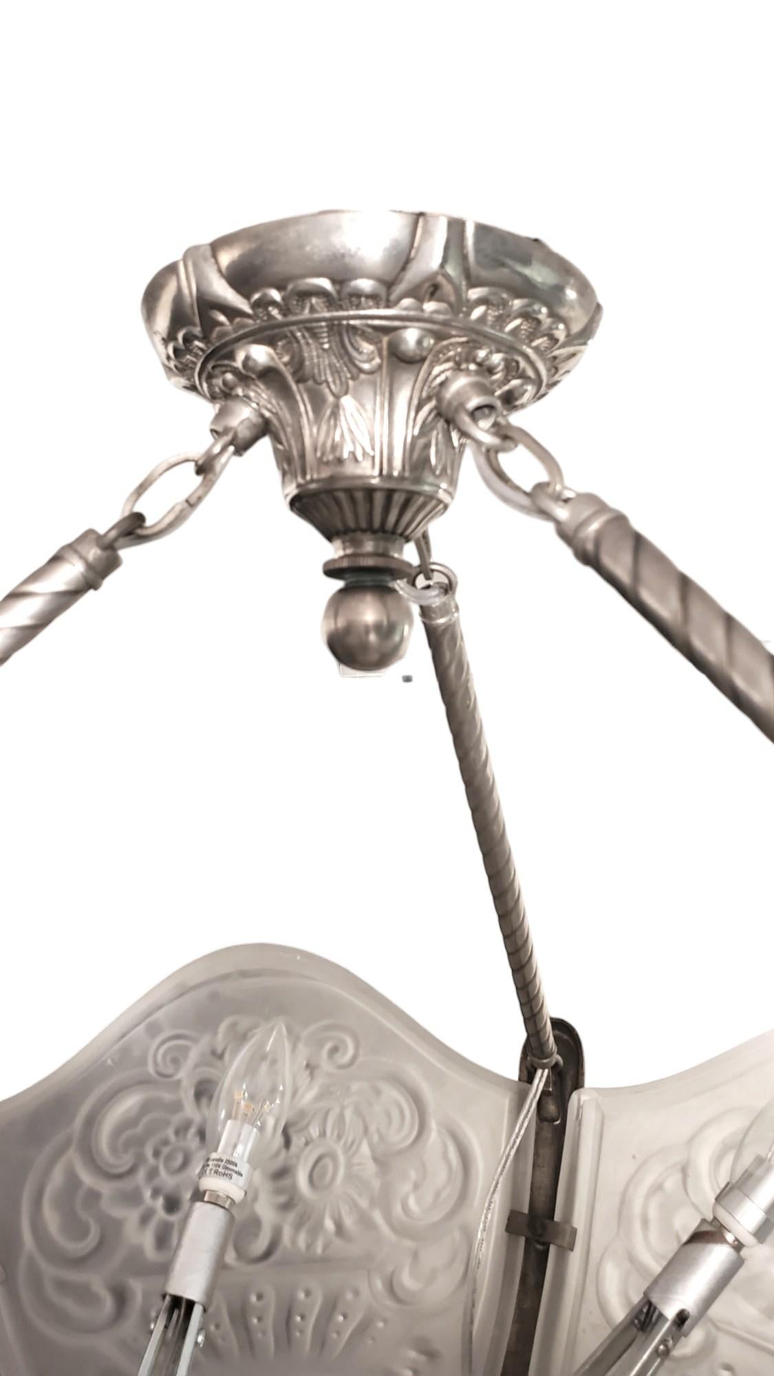 Grande lampadario Art Deco a 6 pannelli in vetro artistico a forma di fiore in nichel di VSL in vendita 3