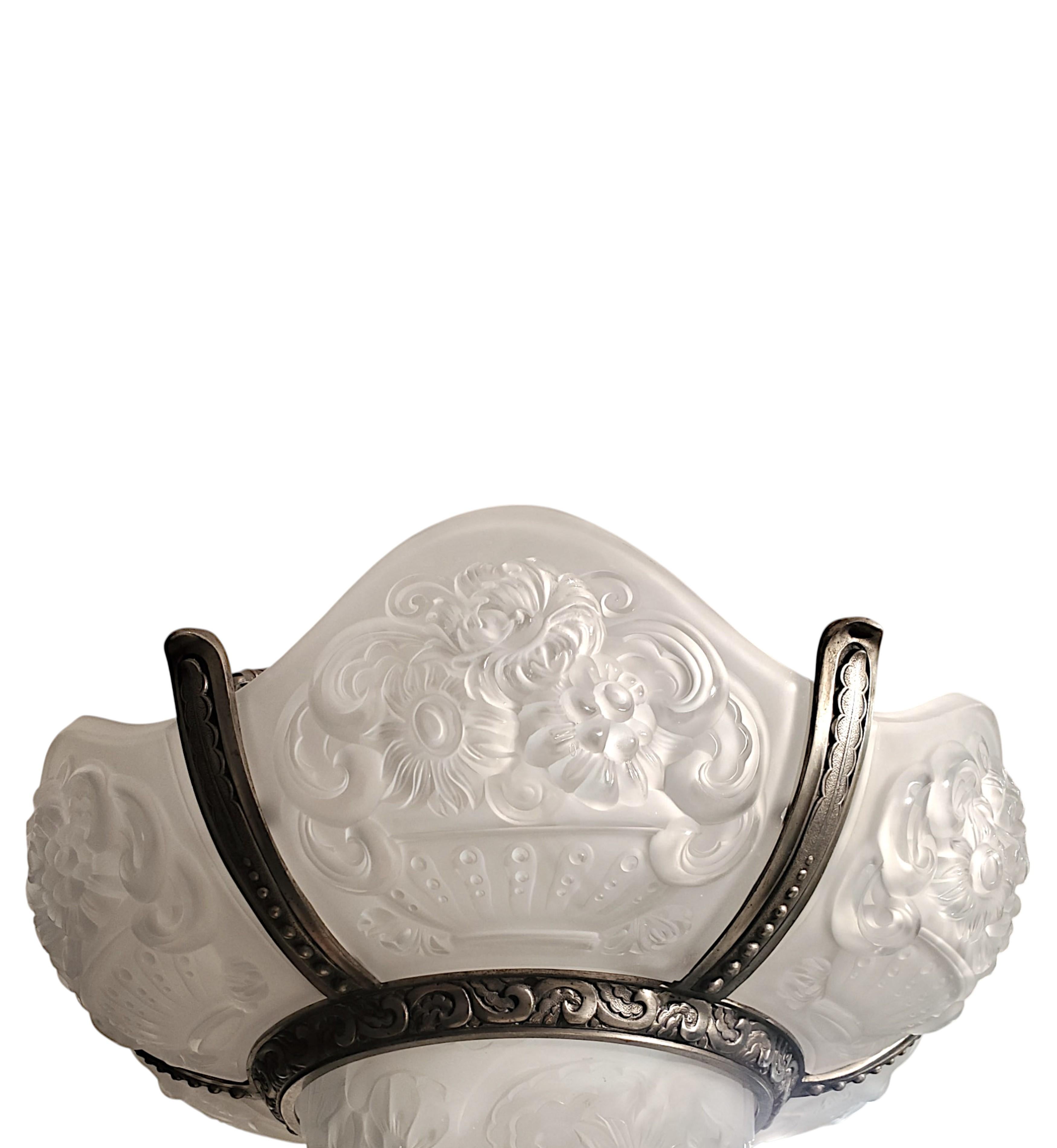 Grande lampadario Art Deco a 6 pannelli in vetro artistico a forma di fiore in nichel di VSL in vendita 6