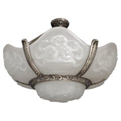 Large and bulbous Art Deco blossom 6 panel art glass chandelier in nickel by VSL