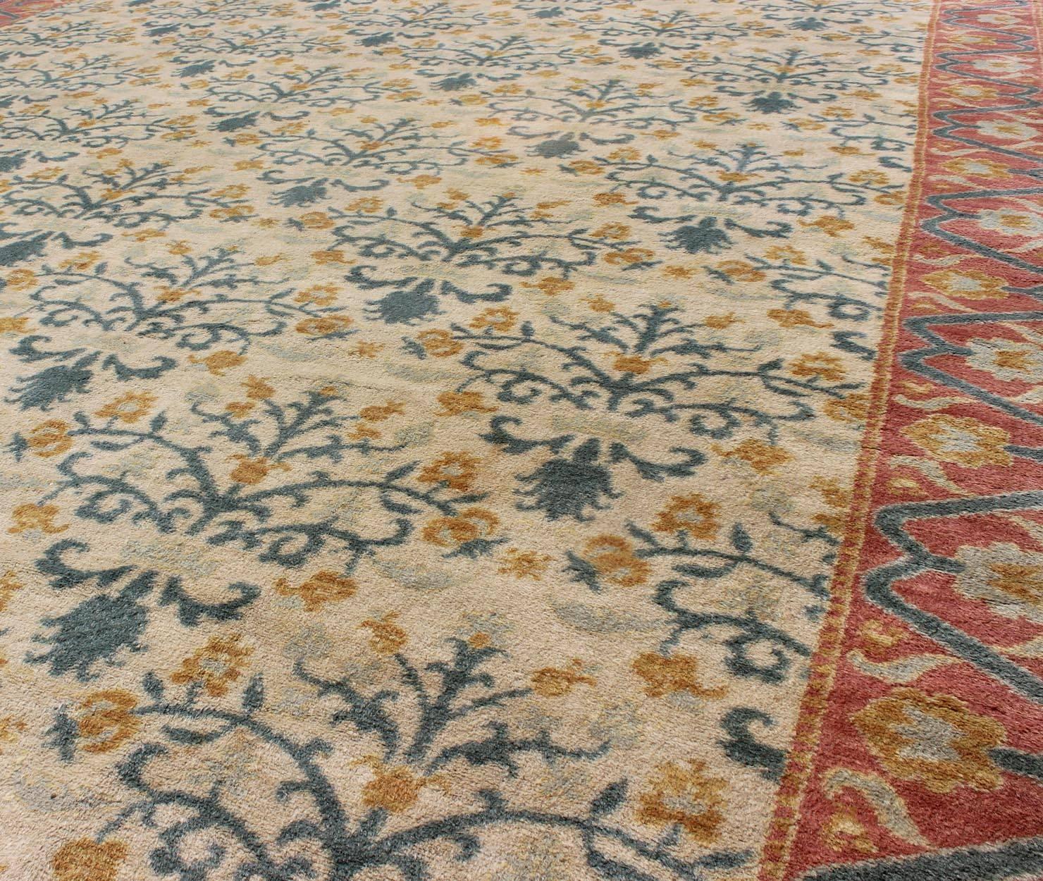 Early 20th Century Large and Colorful Antique Spanish Rug with All-Over Design in Coral  and cream