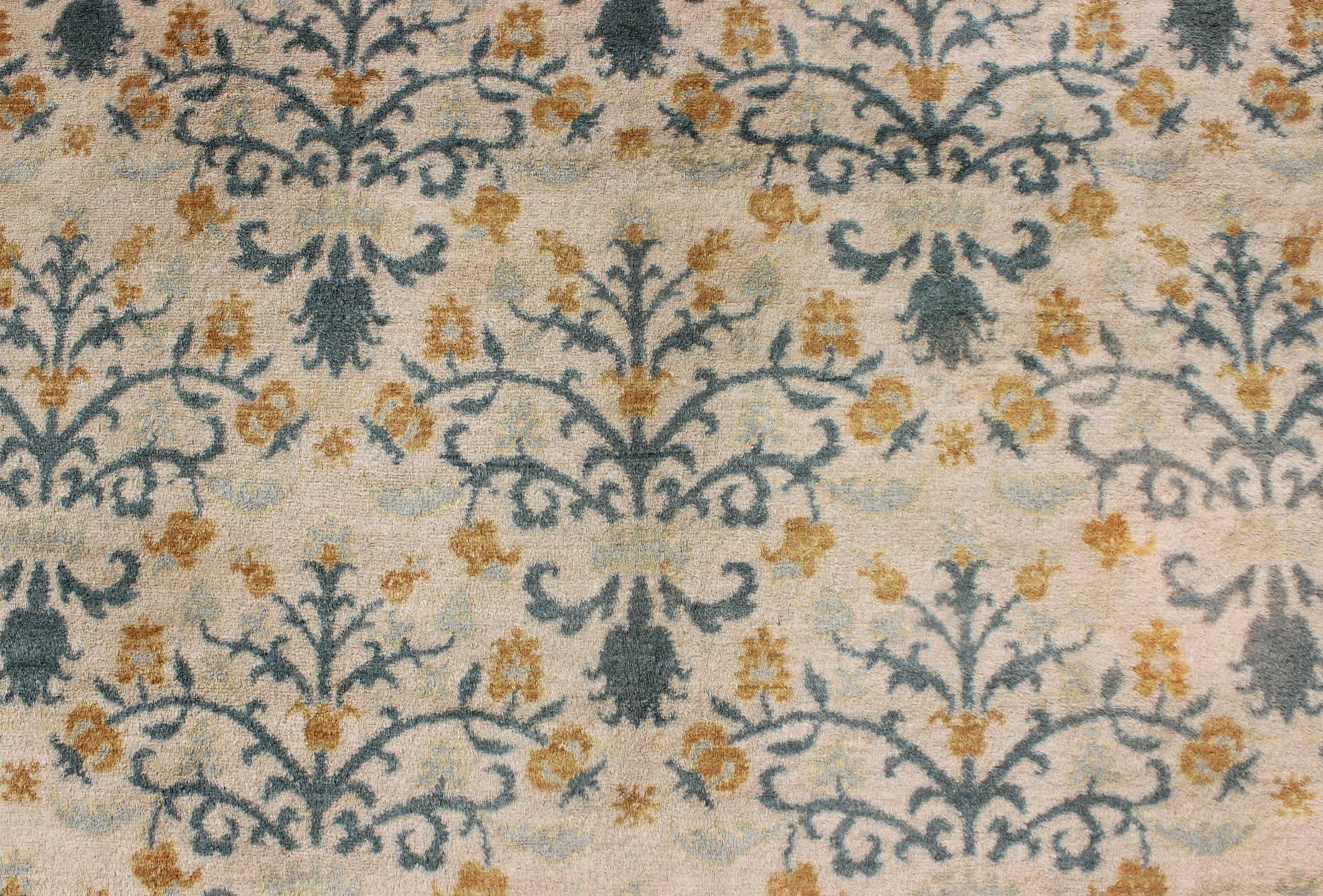 Large and colorful antique Spanish rug with all-over design in cream, coral, blue, rug 16-0801, country of origin / type: Spain / Spanish, circa 1920.

Large and Colorful Antique Spanish Rug with All-Over Design in Cream, Coral, Blue green, yellow