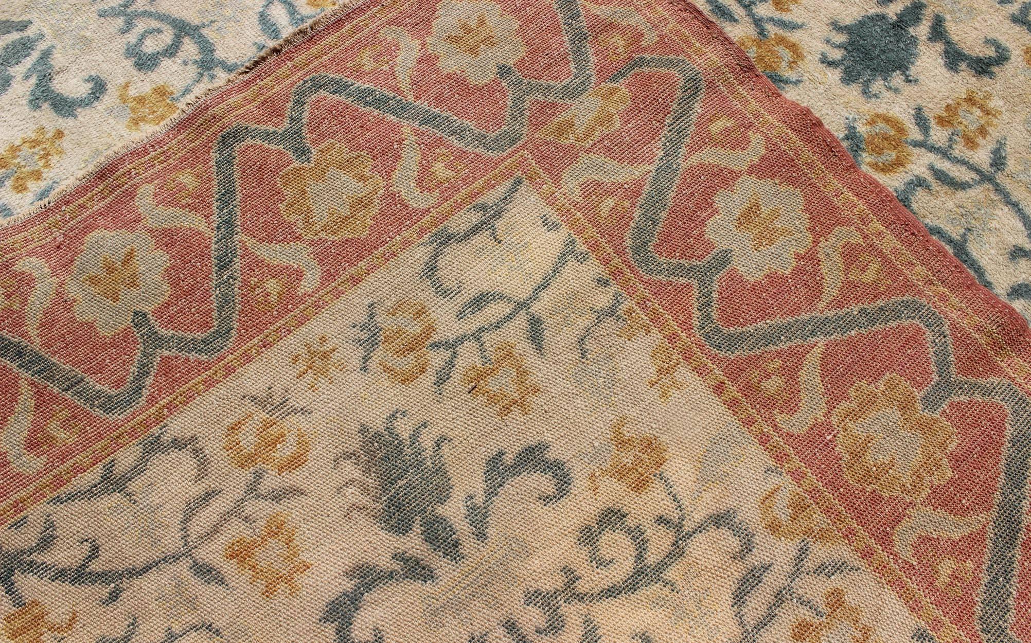 Wool Large and Colorful Antique Spanish Rug with All-Over Design in Coral  and cream
