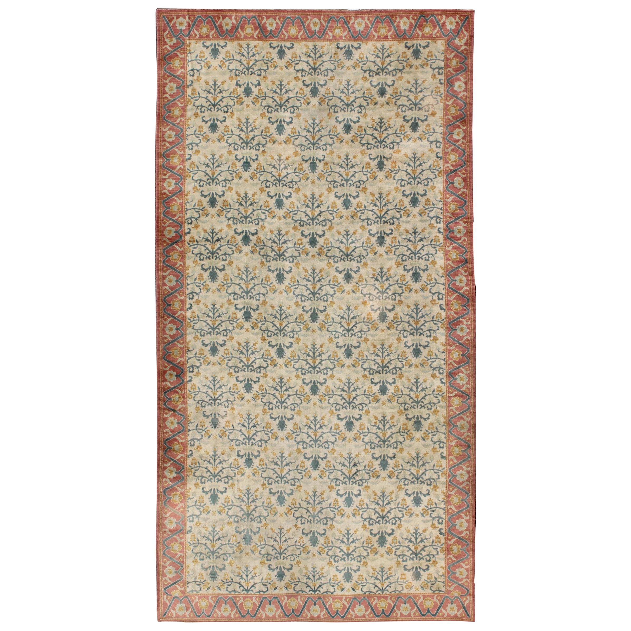 Large and Colorful Antique Spanish Rug with All-Over Design in Coral  and cream