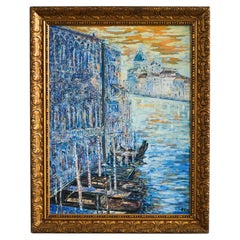 Large and Colorful Painting Canals of Venice in Ornate Gold Frame