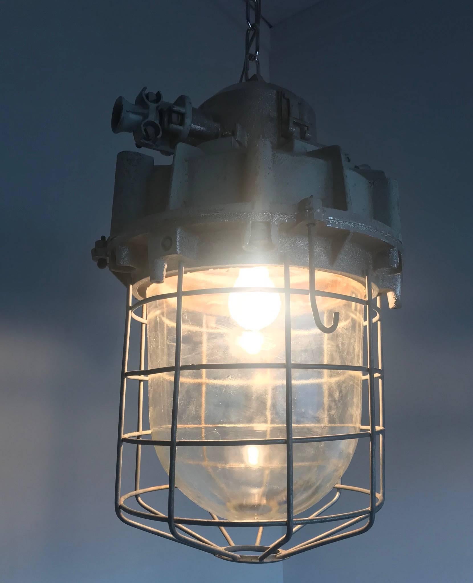Large and Decorative 1920s Industrial Iron and Glass Caged Pendant Light Fixture For Sale 4