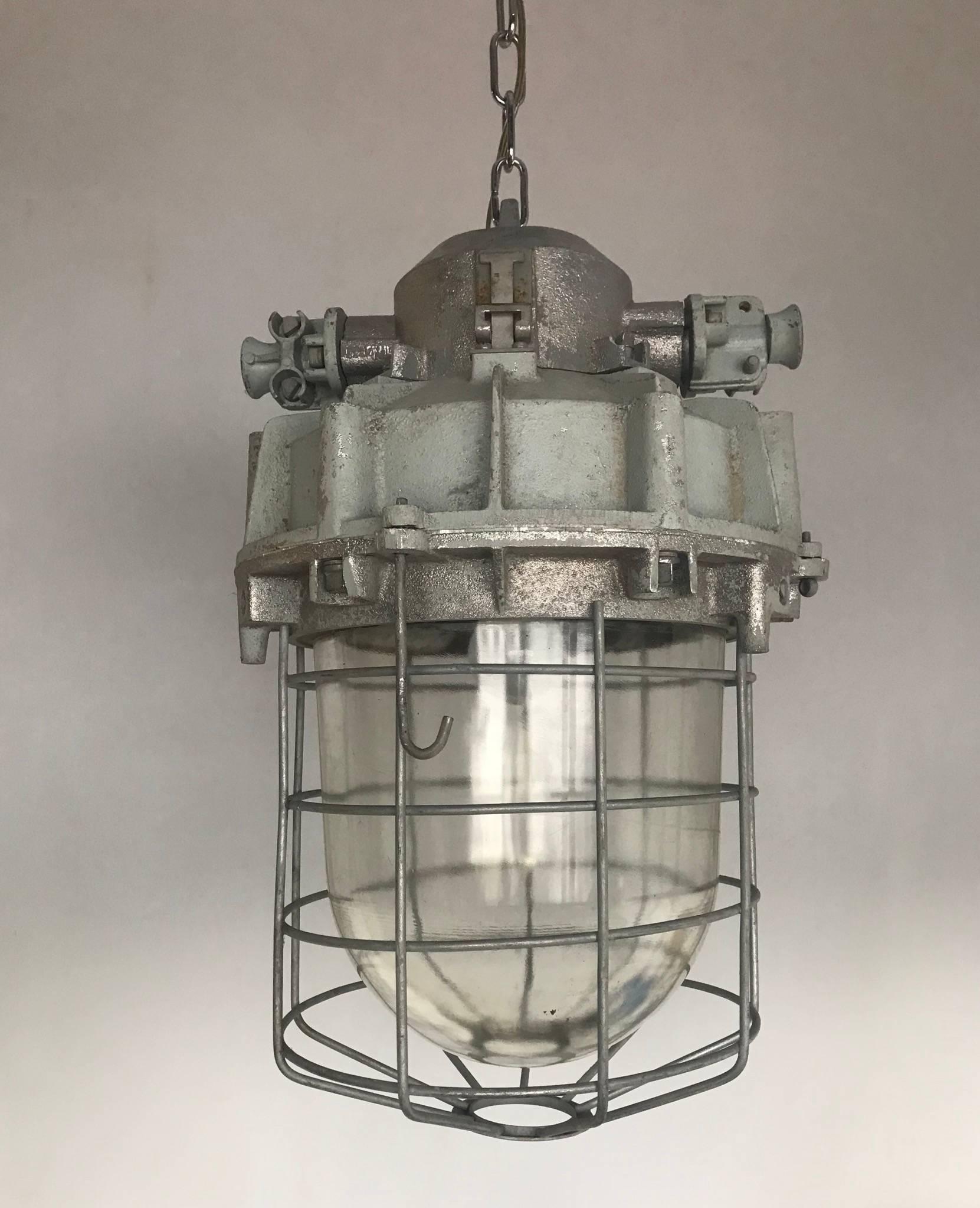 Large and Decorative 1920s Industrial Iron and Glass Caged Pendant/Light Fixture For Sale 5