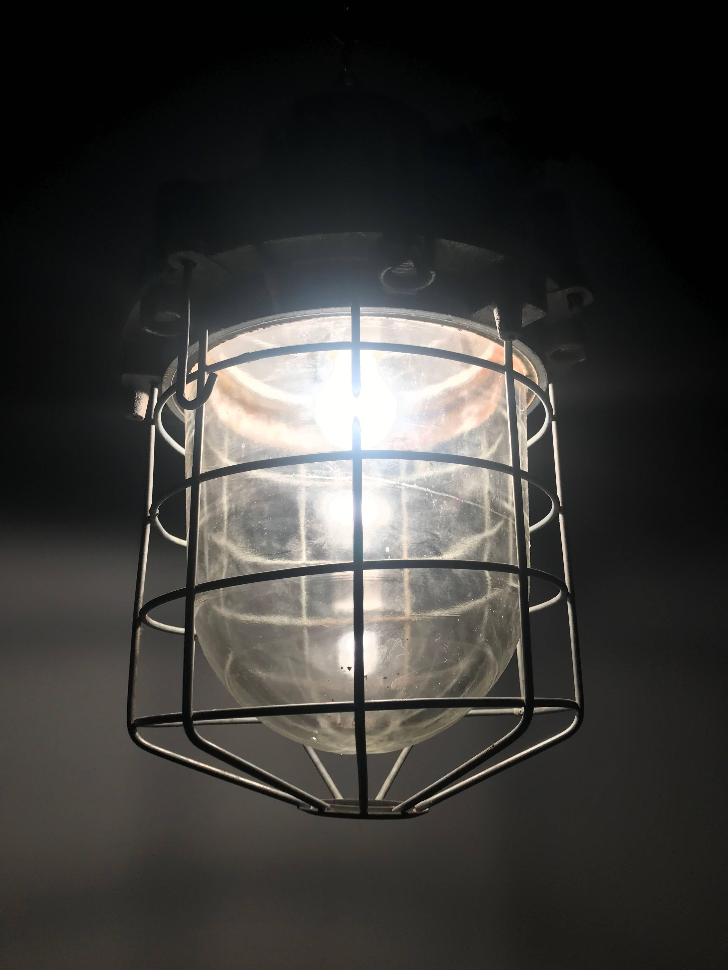 Large and Decorative 1920s Industrial Iron and Glass Caged Pendant Light Fixture For Sale 8