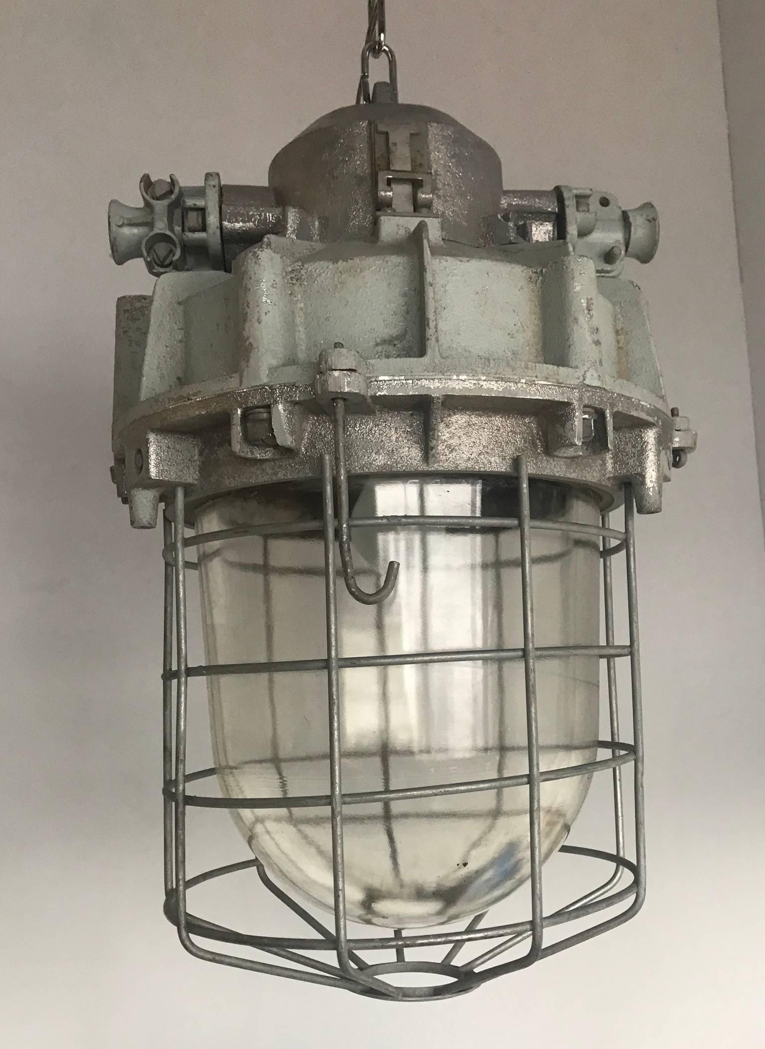 Large and Decorative 1920s Industrial Iron and Glass Caged Pendant/Light Fixture For Sale 9