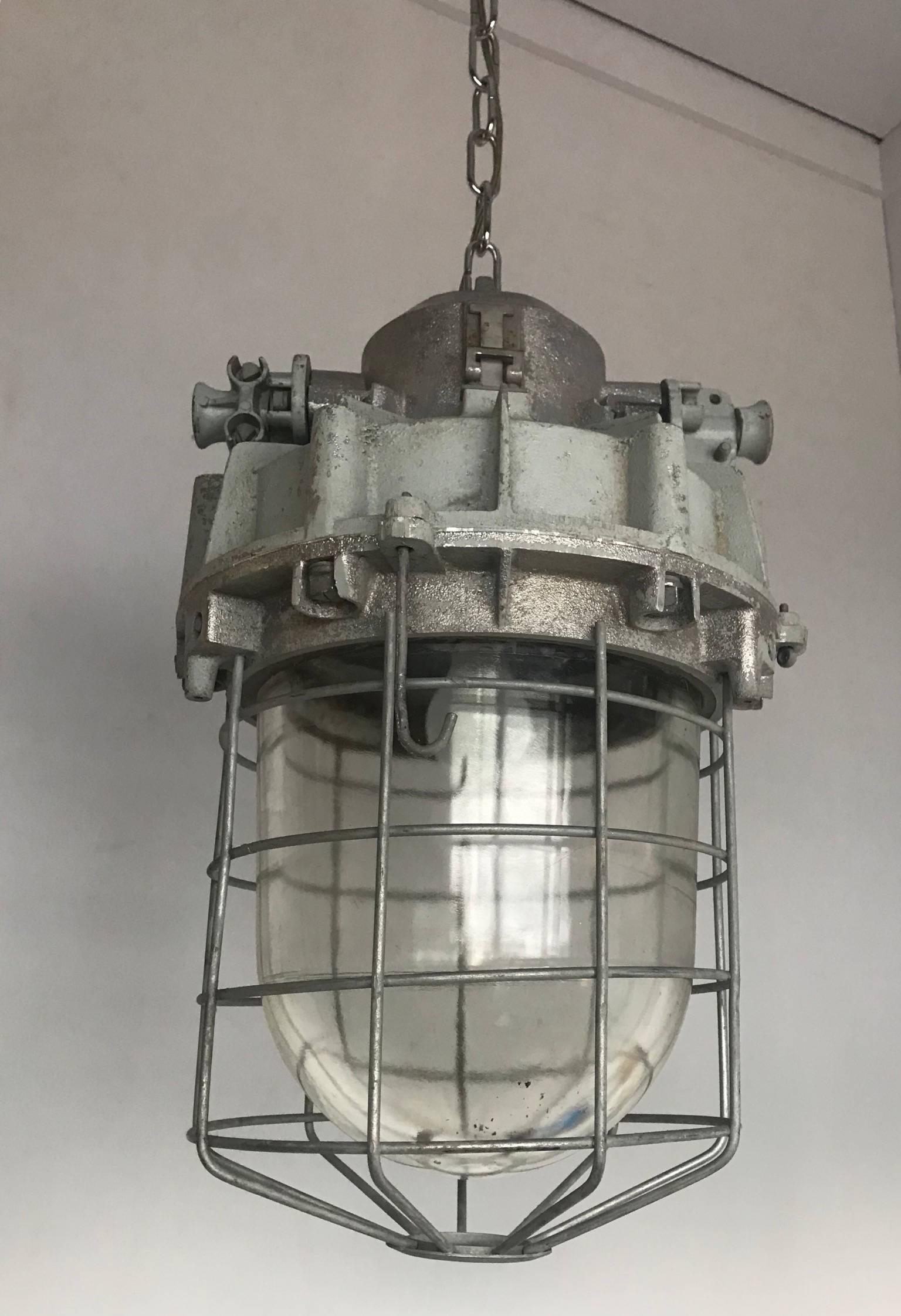 Large and Decorative 1920s Industrial Iron and Glass Caged Pendant/Light Fixture For Sale 10