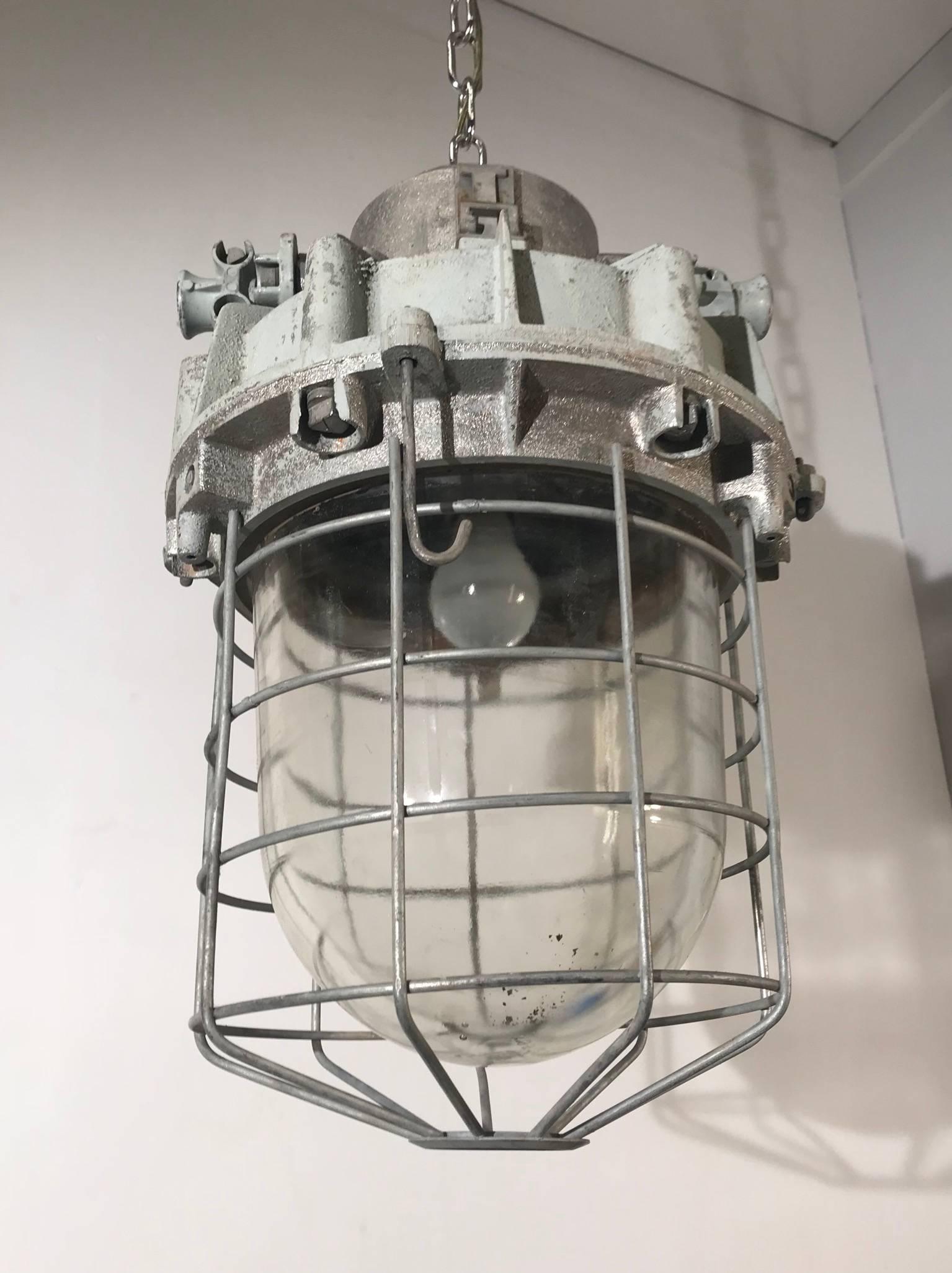 Large and Decorative 1920s Industrial Iron and Glass Caged Pendant/Light Fixture For Sale 11