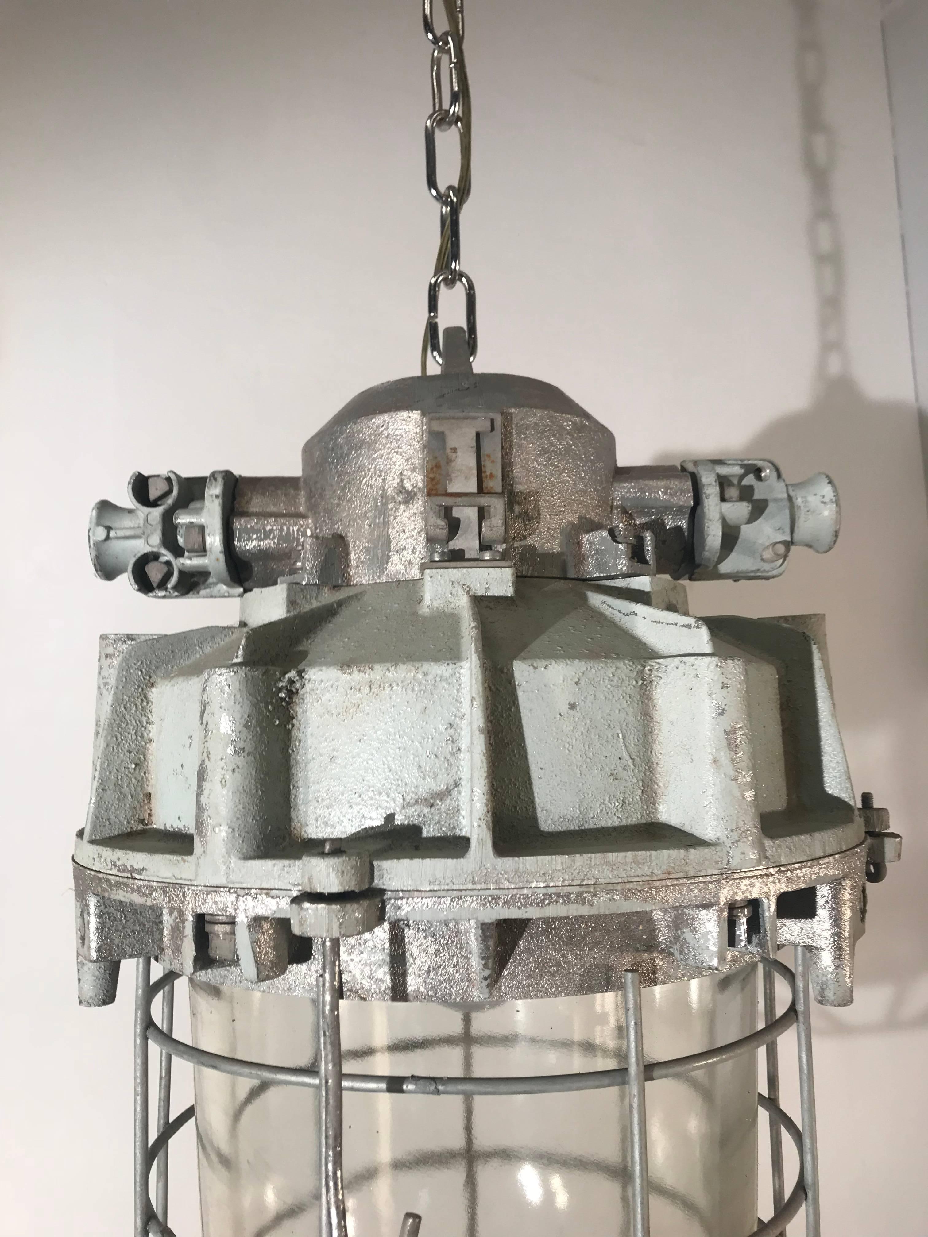 Large and Decorative 1920s Industrial Iron and Glass Caged Pendant Light Fixture For Sale 12
