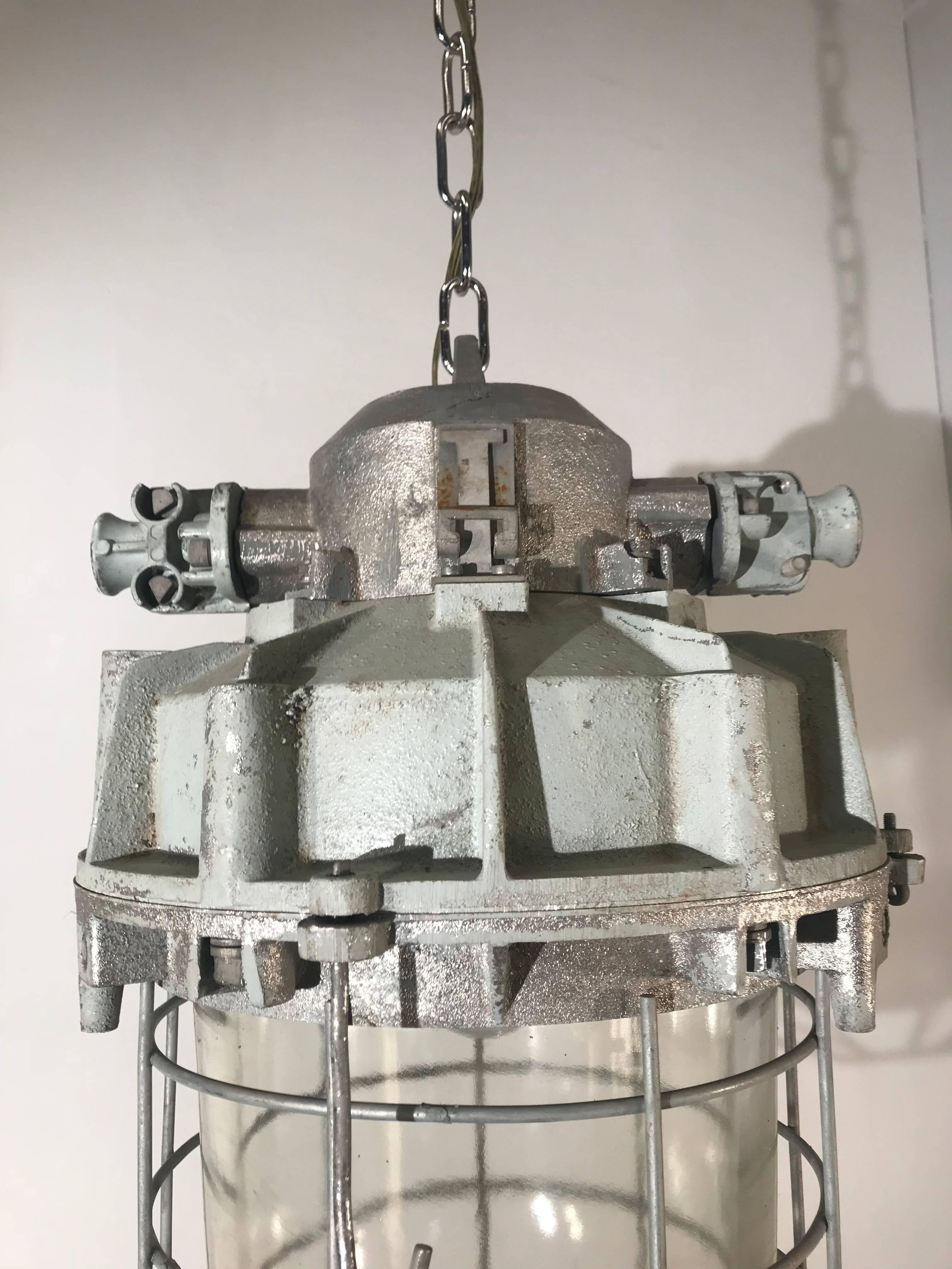 Large and Decorative 1920s Industrial Iron and Glass Caged Pendant/Light Fixture For Sale 12