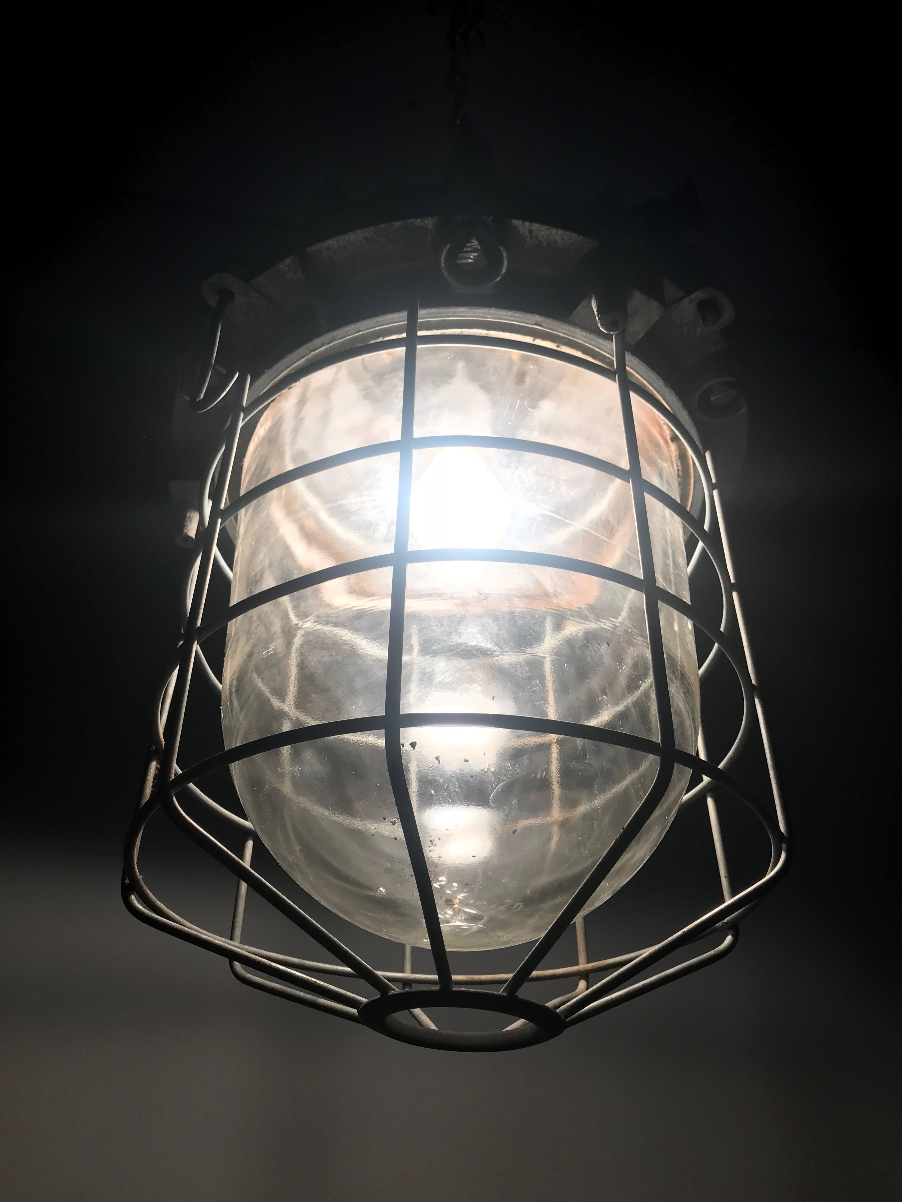 Large and Decorative 1920s Industrial Iron and Glass Caged Pendant Light Fixture For Sale 13