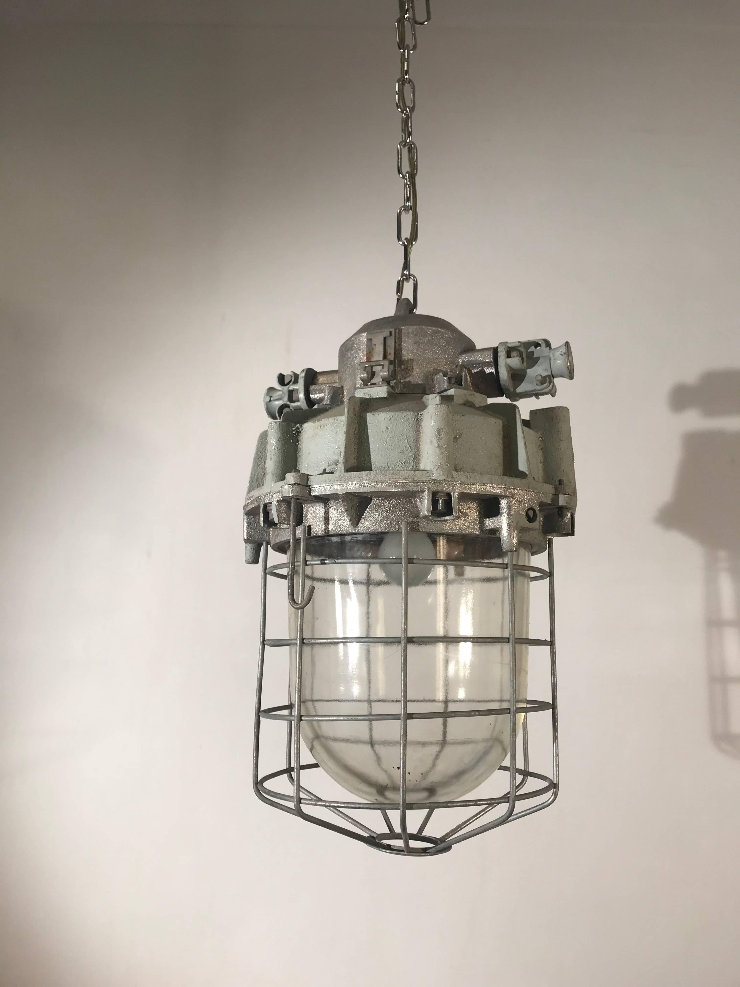 European Large and Decorative 1920s Industrial Iron and Glass Caged Pendant/Light Fixture For Sale