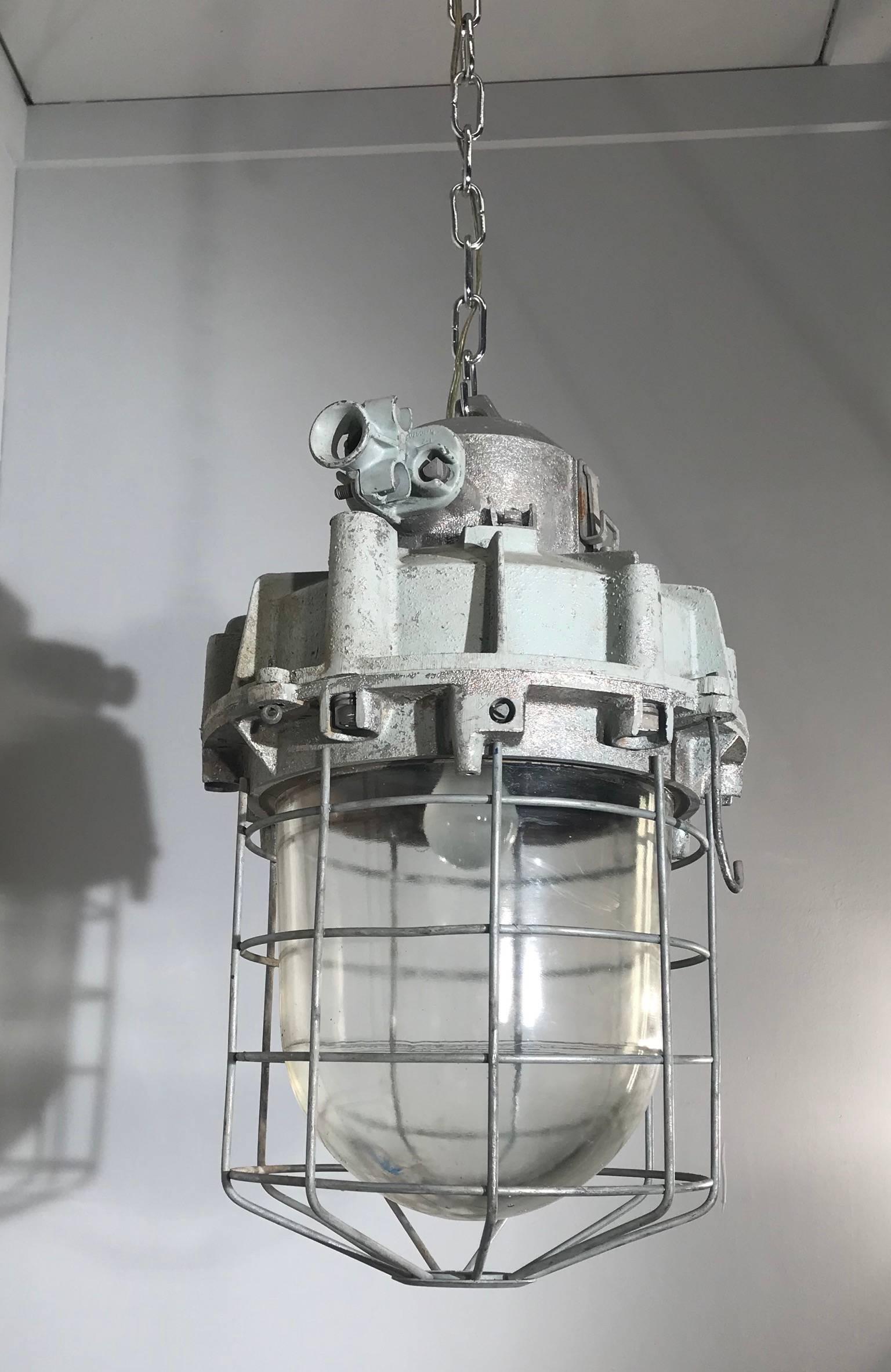 Large and Decorative 1920s Industrial Iron and Glass Caged Pendant Light Fixture In Excellent Condition For Sale In Lisse, NL