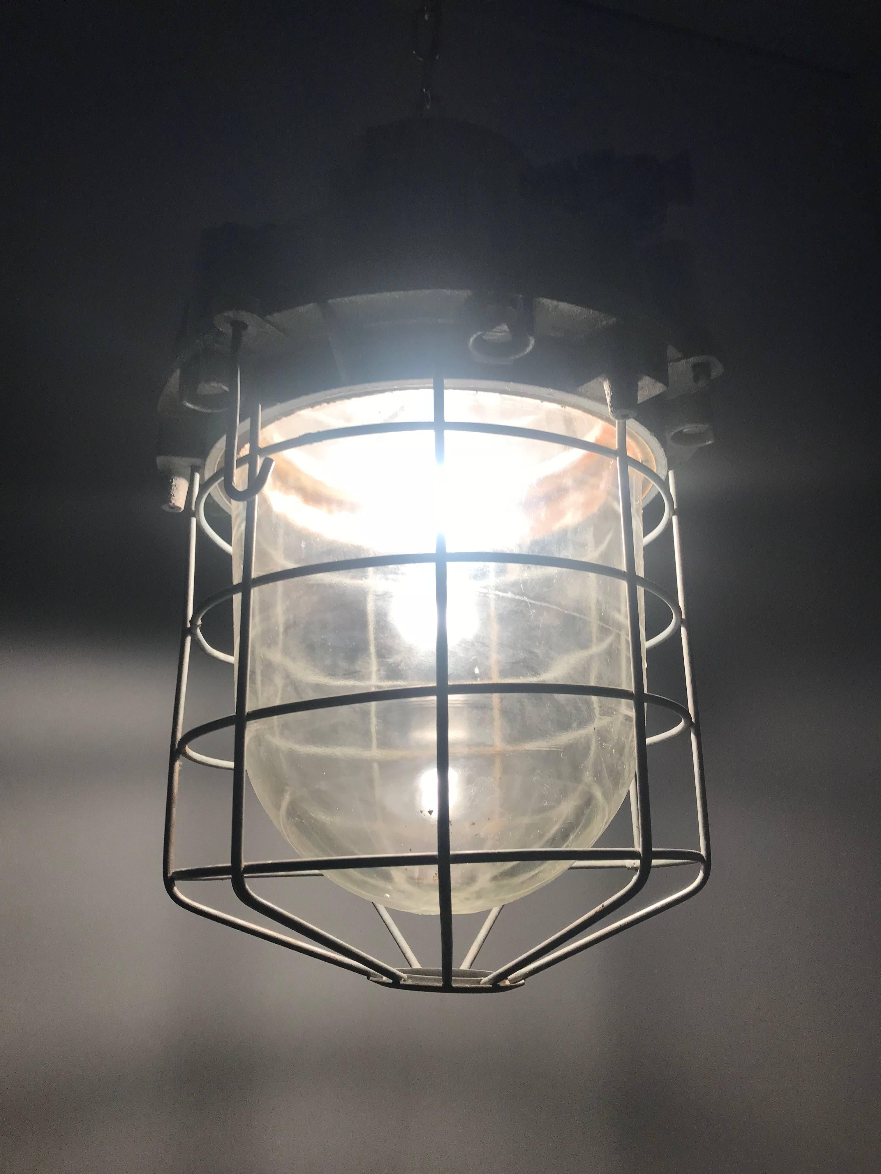 Large and Decorative 1920s Industrial Iron and Glass Caged Pendant Light Fixture For Sale 1