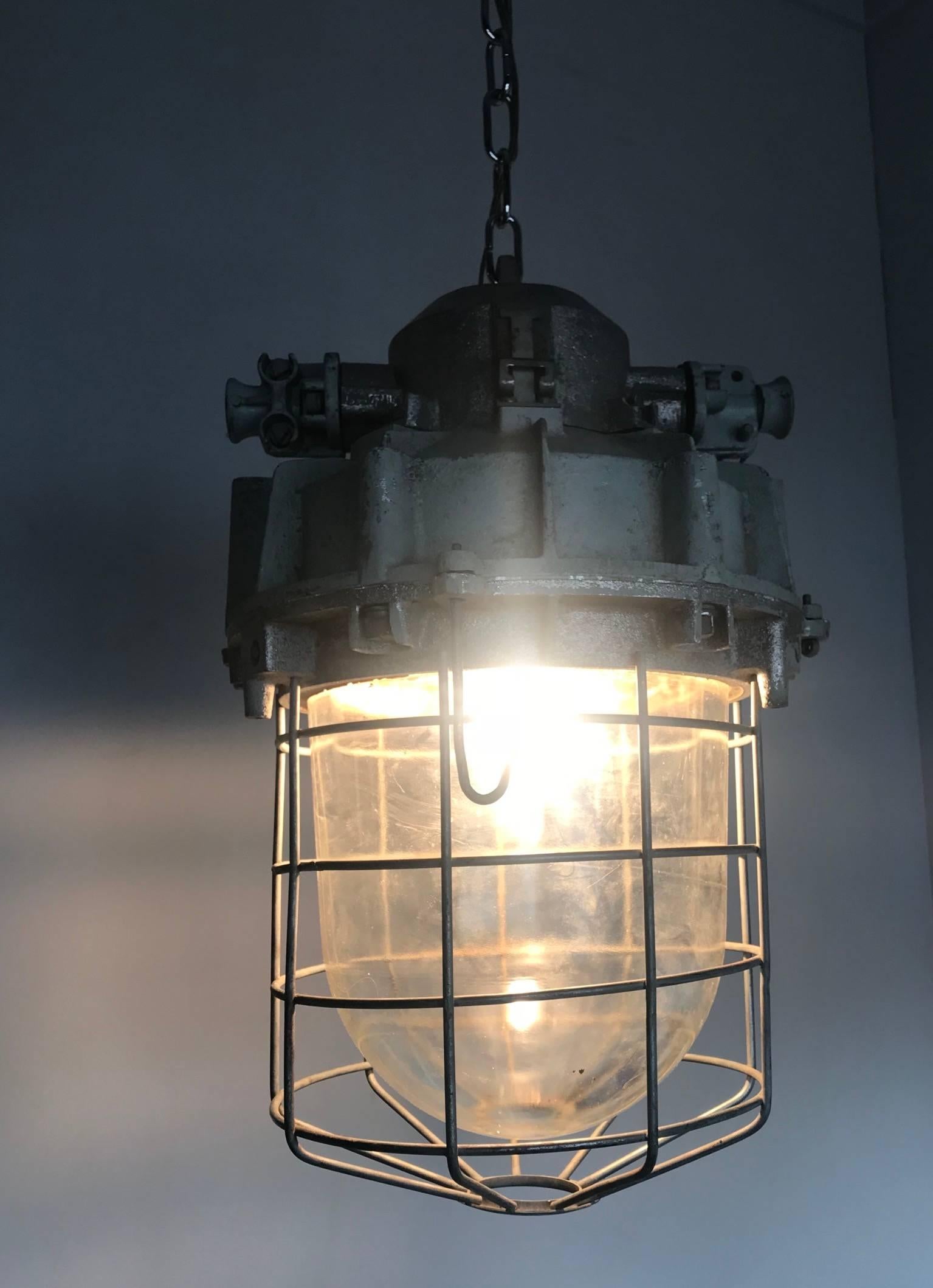 Large and Decorative 1920s Industrial Iron and Glass Caged Pendant/Light Fixture For Sale 2