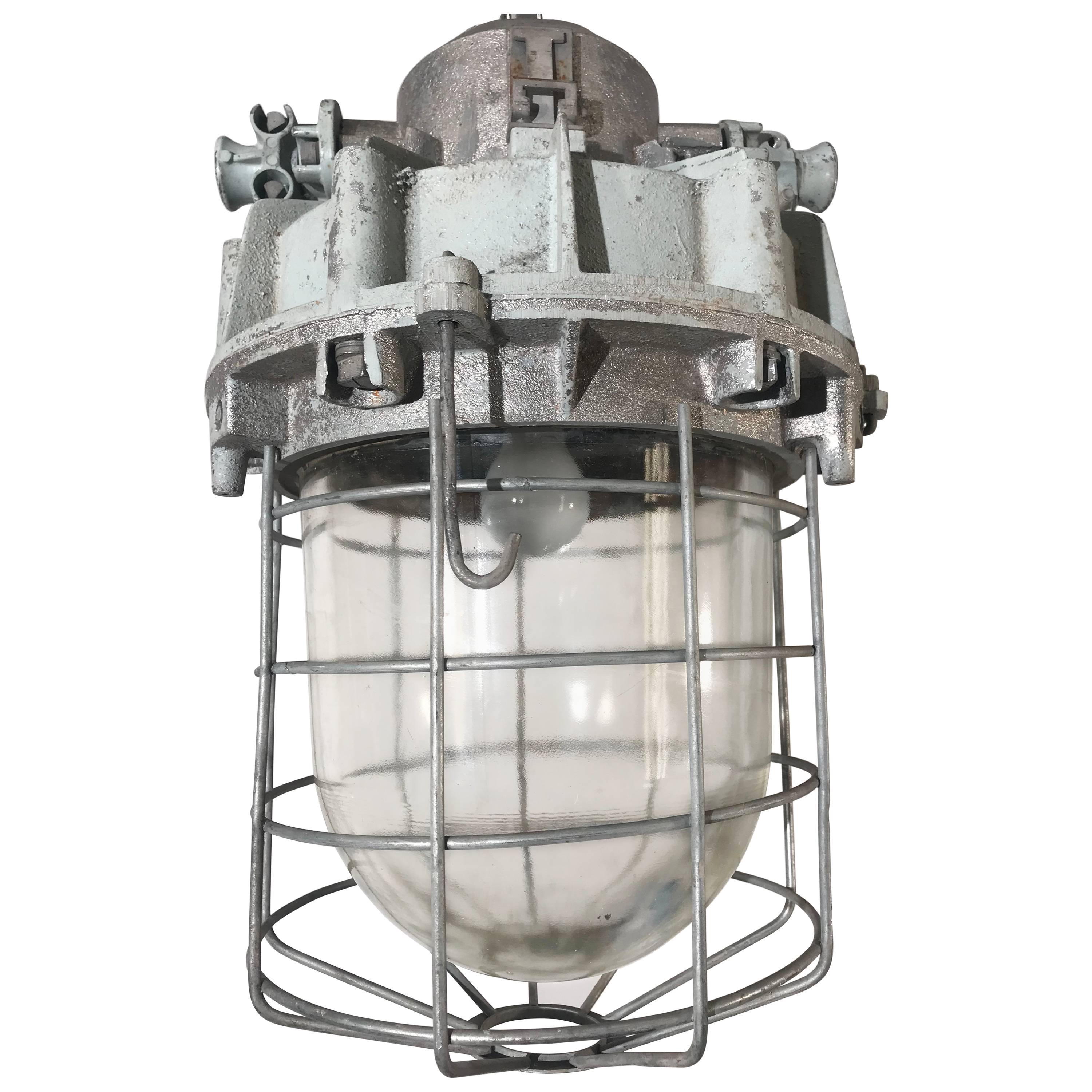 Large and Decorative 1920s Industrial Iron and Glass Caged Pendant/Light Fixture